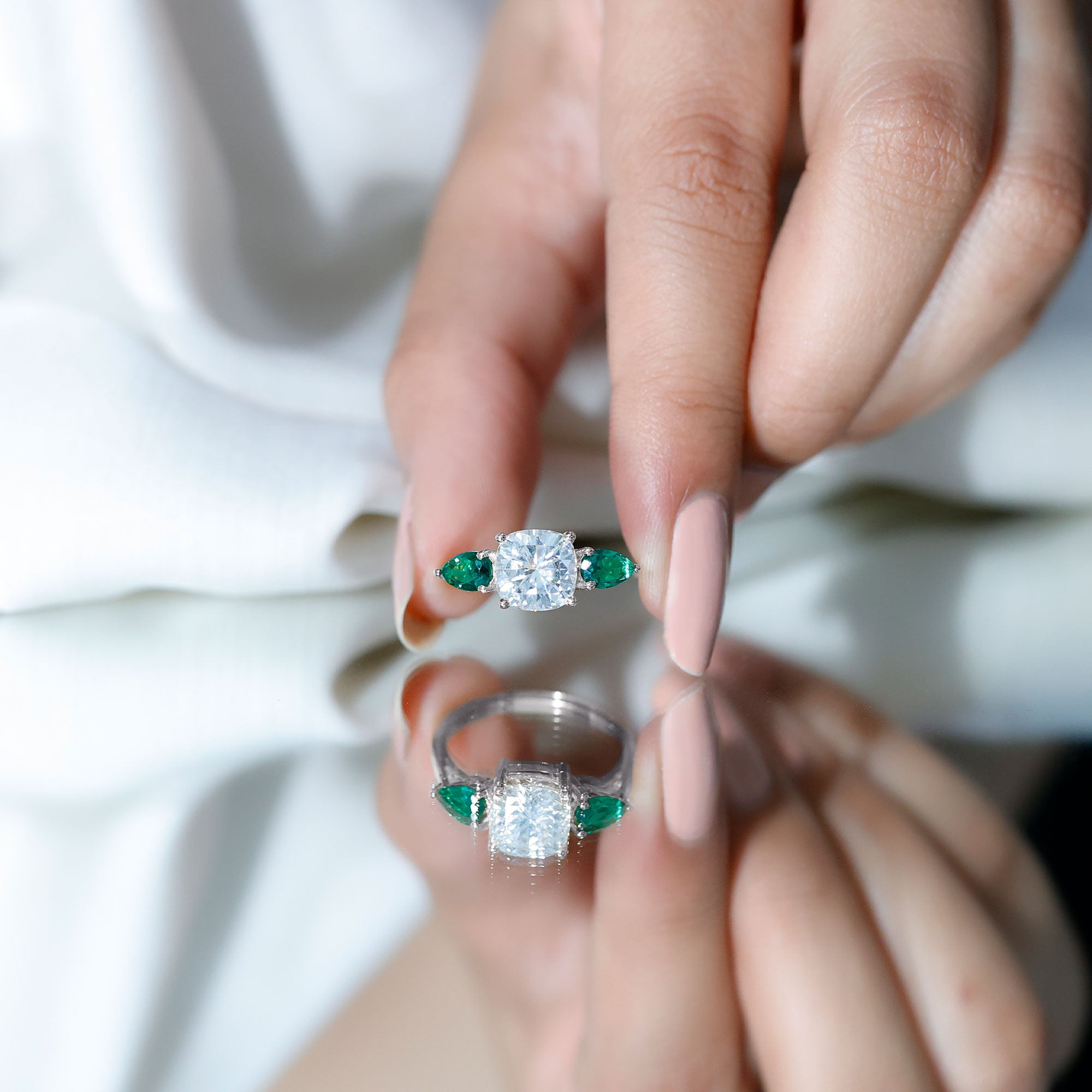 3 CT Moissanite Three Stone Engagement Ring With Emerald D-VS1 - Rosec Jewels
