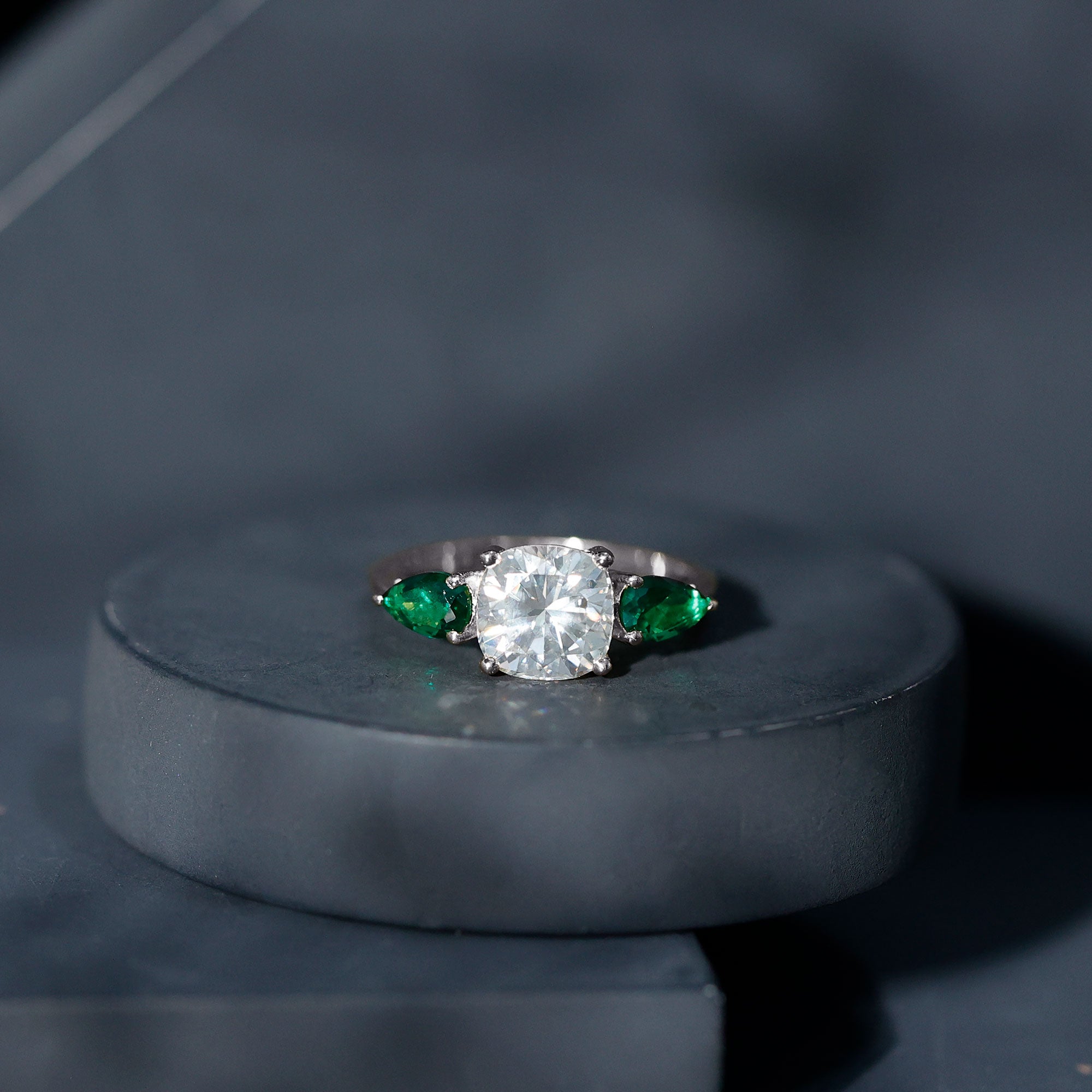 3 CT Moissanite Three Stone Engagement Ring With Emerald D-VS1 - Rosec Jewels