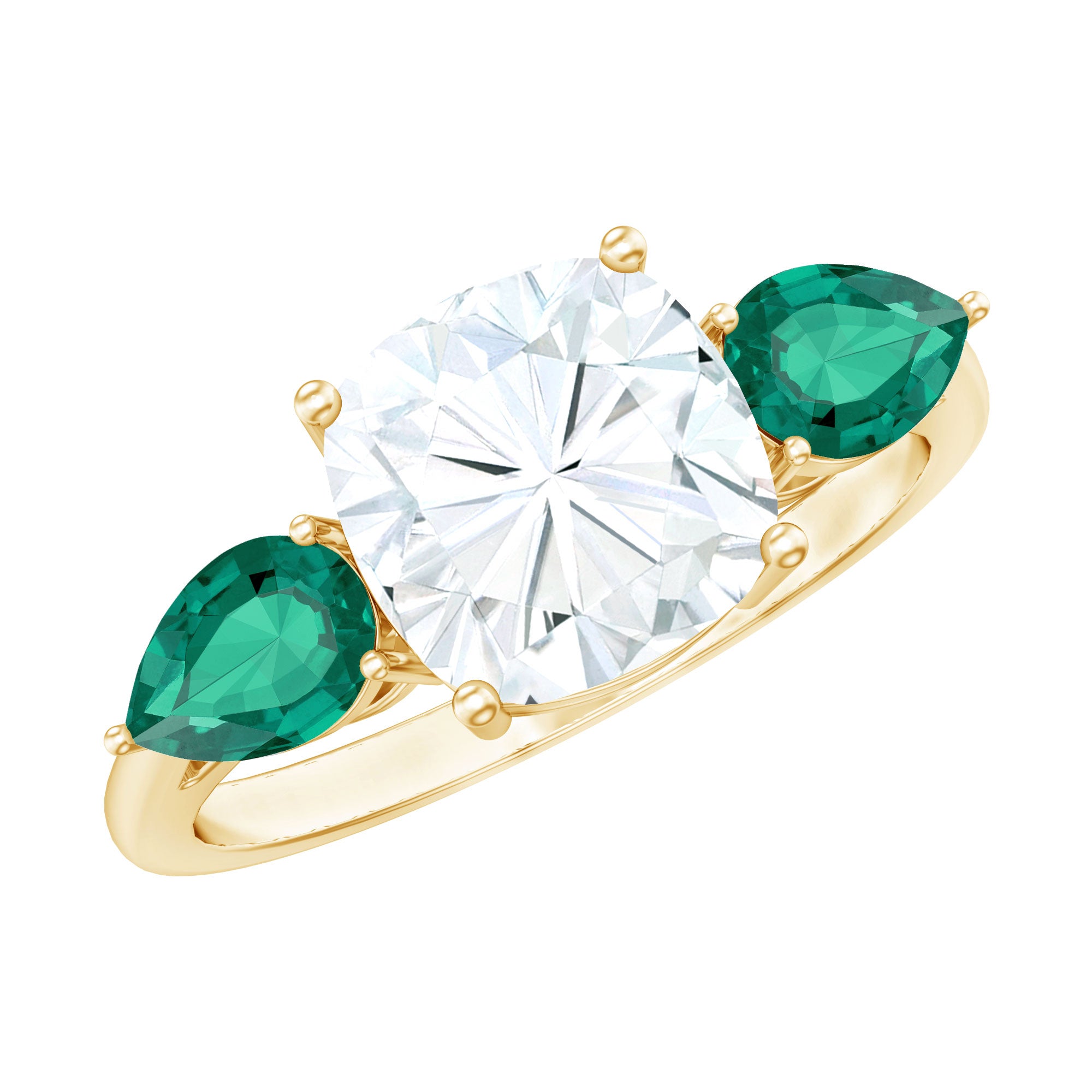 3 CT Moissanite Three Stone Engagement Ring With Emerald D-VS1 - Rosec Jewels