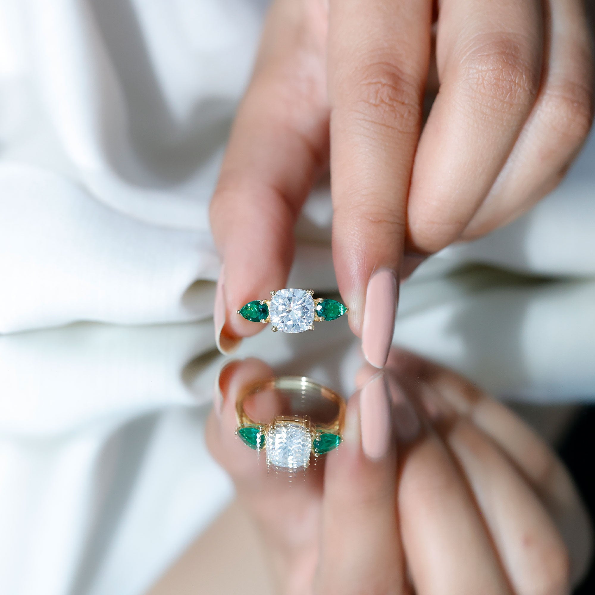 3 CT Moissanite Three Stone Engagement Ring With Emerald D-VS1 - Rosec Jewels