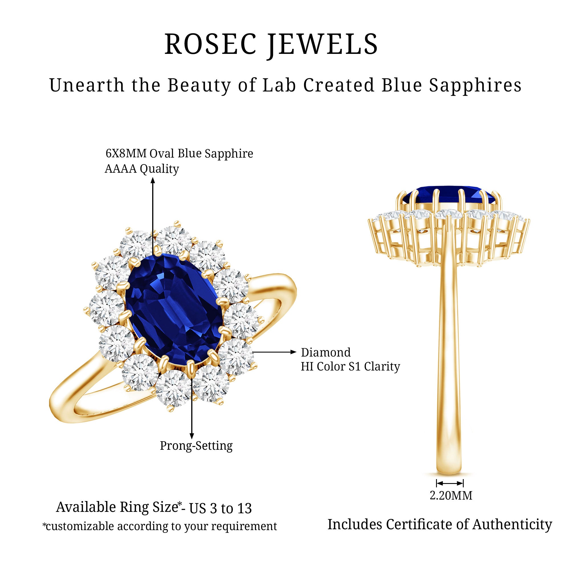 Rosec Jewels-Certified 1.5 Carat Oval Lab Grown Blue Sapphire Princess Diana Engagement Ring with Diamond