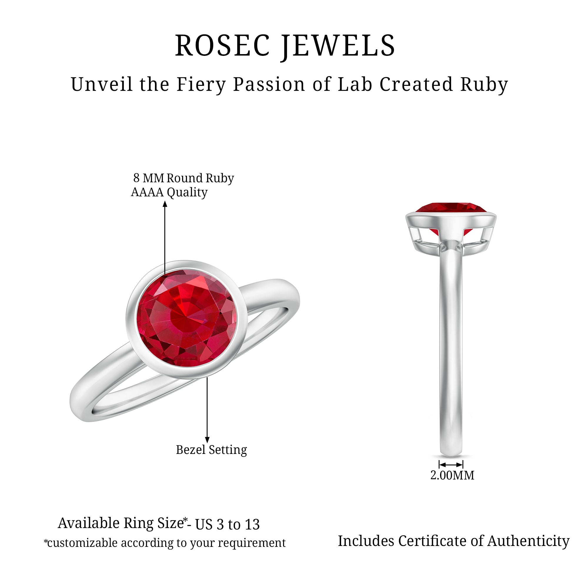 Bezel Set 8 MM Lab Created Ruby Solitaire Engagement Ring AAAA - Rosec Jewels