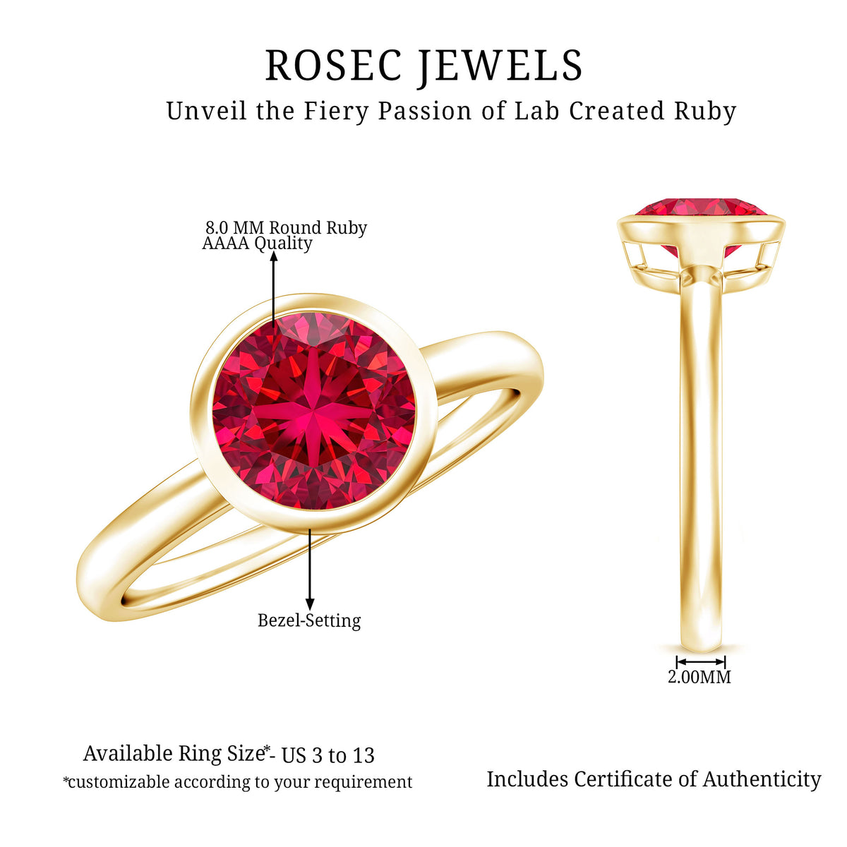 Bezel Set 2 Carat Lab Created Ruby Solitaire Engagement Ring AAAA - Rosec Jewels