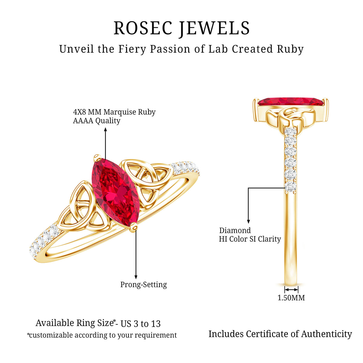 0.75 Carat Lab Grown Ruby Celtic Knot Ring with Diamond AAAA - Rosec Jewels