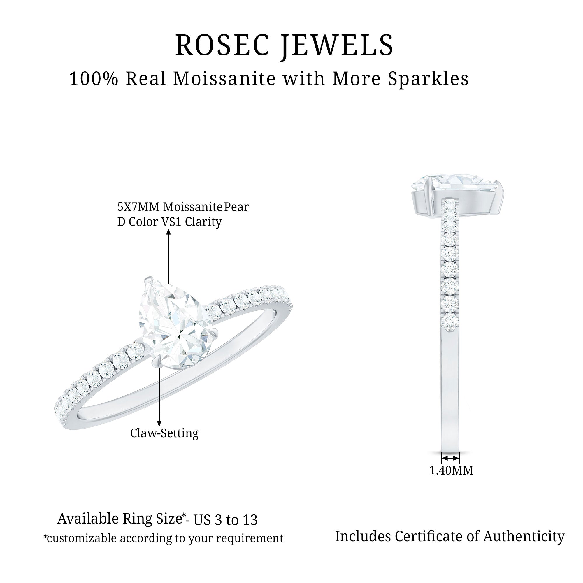 Certified Moissanite Teardrop Engagement Ring with Side Stones D-VS1 - Rosec Jewels