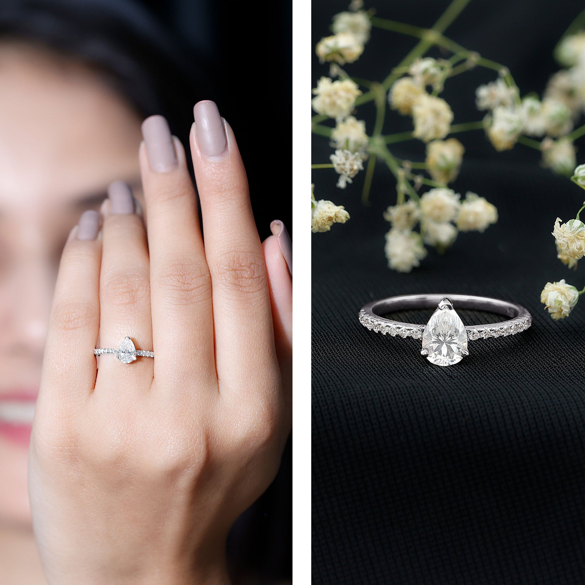 Certified Moissanite Teardrop Engagement Ring with Side Stones D-VS1 - Rosec Jewels