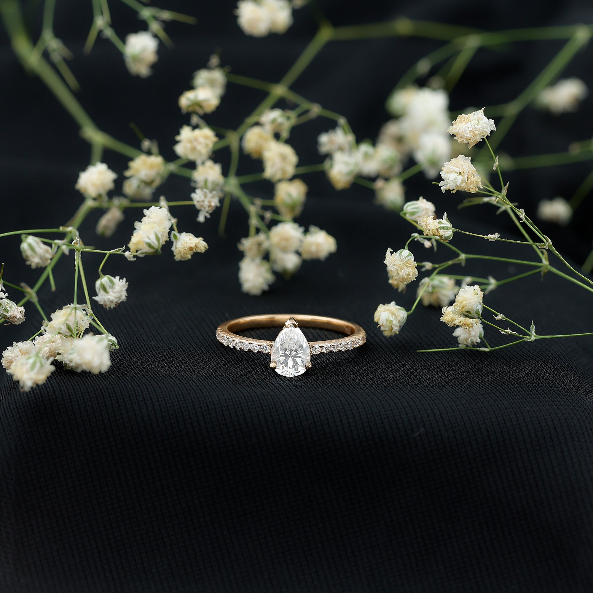 Certified Moissanite Teardrop Engagement Ring with Side Stones D-VS1 - Rosec Jewels