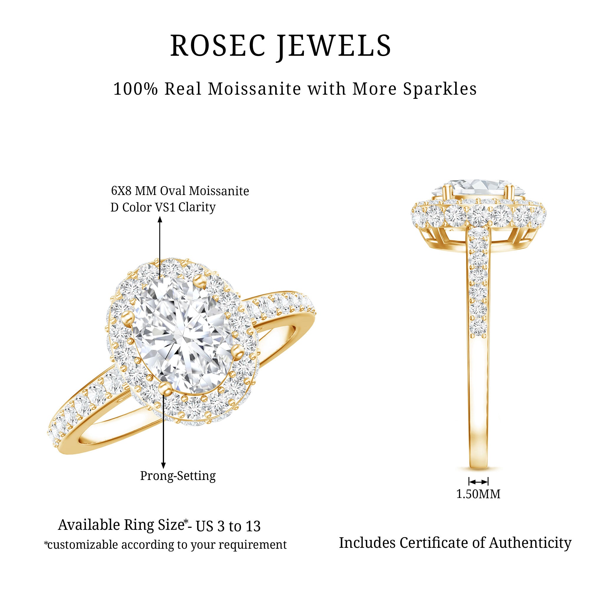 Brilliant Cut Moissanite Classic Engagement Ring with Halo D-VS1 - Rosec Jewels