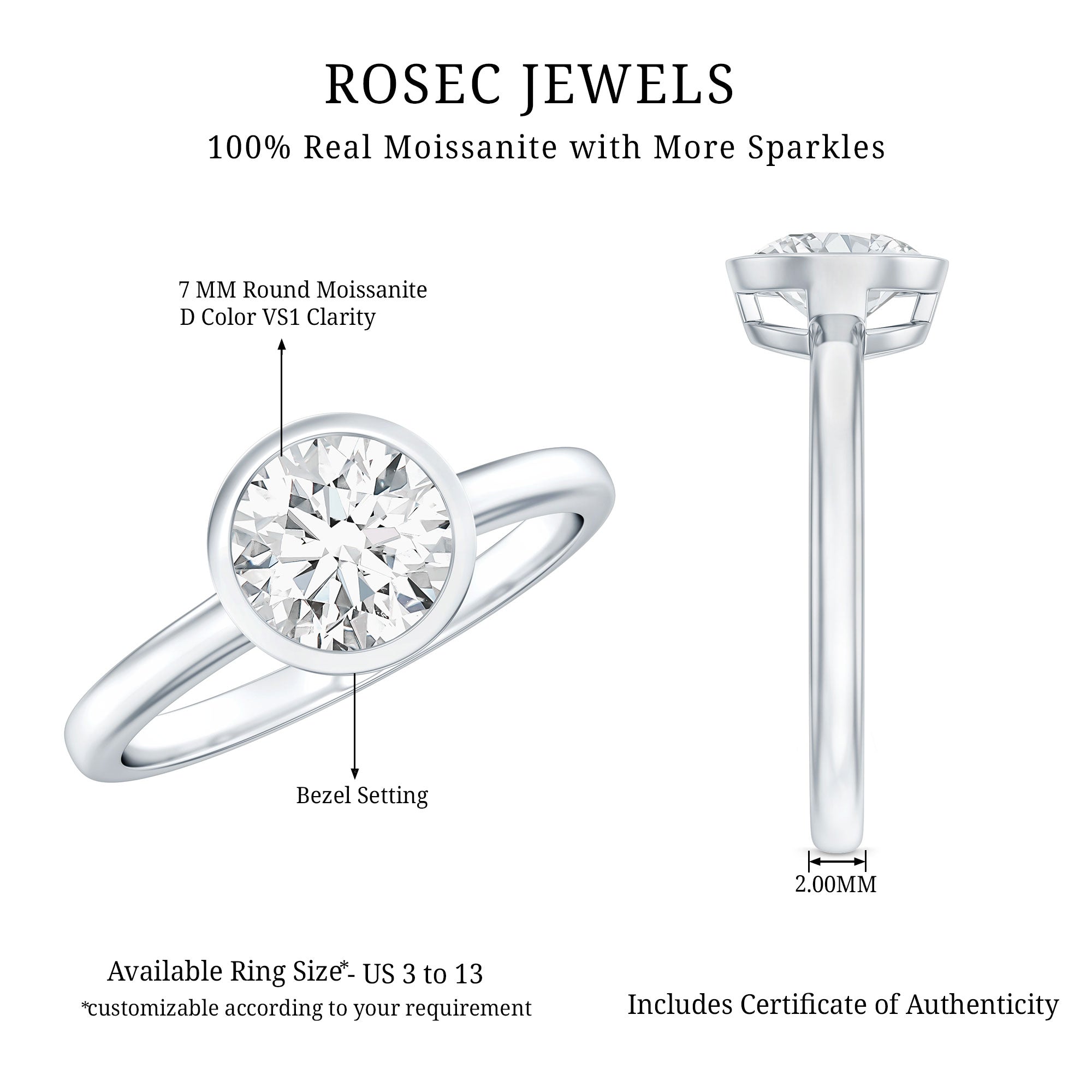 1.50 CT Moissanite Bezel Set Engagement Ring For Women D-VS1 - Rosec Jewels