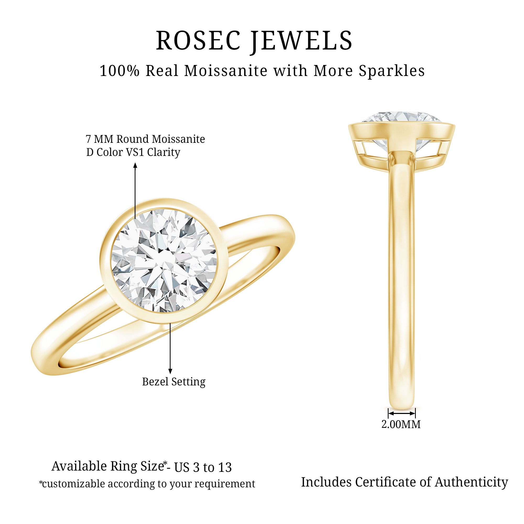 1.50 CT Moissanite Bezel Set Engagement Ring For Women D-VS1 - Rosec Jewels