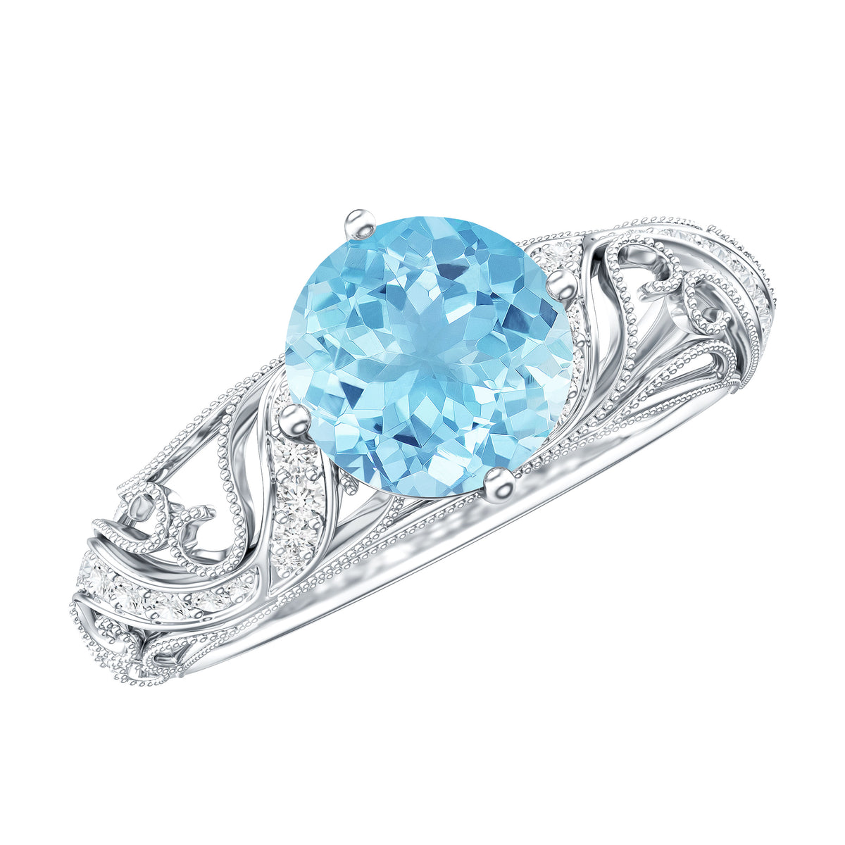 0.8 Carat Vintage Style Aquamarine and Diamond Engagement Ring AAA - Rosec Jewels