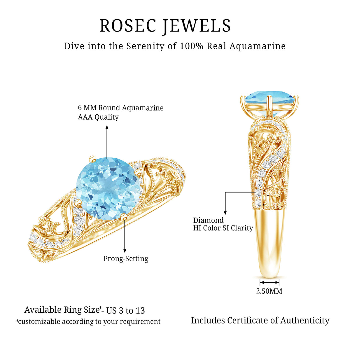 0.8 Carat Vintage Style Aquamarine and Diamond Engagement Ring AAA - Rosec Jewels