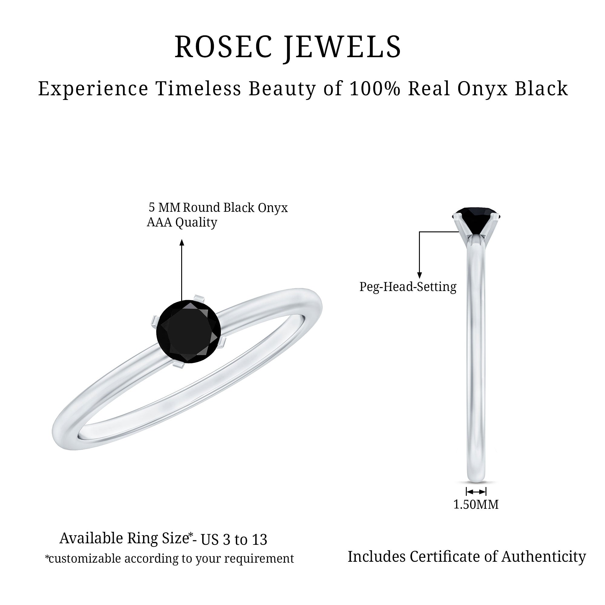 Simple Black Onyx Solitaire Promise Ring for Women AAA - Rosec Jewels