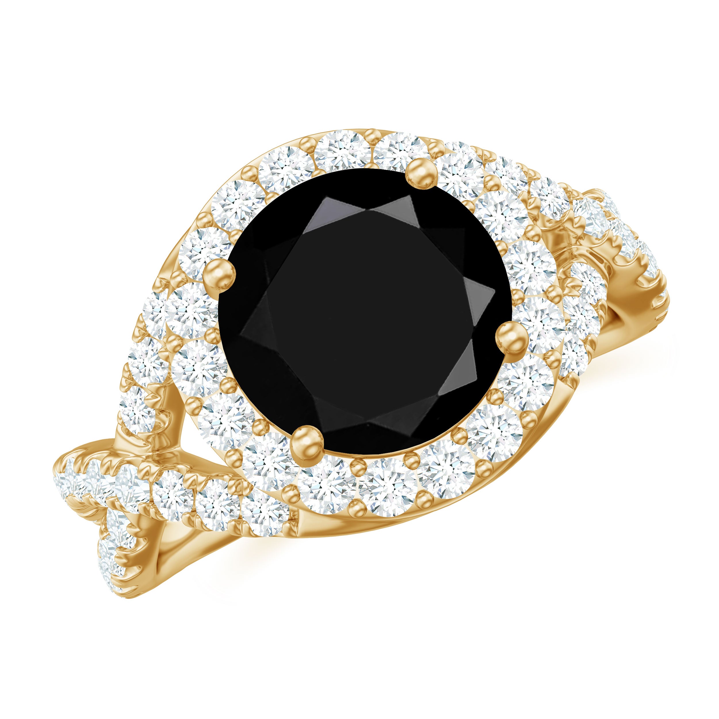 Rosec Jewels-Certified 8 MM Black Onyx Crossover Engagement Ring with Moissanite Halo