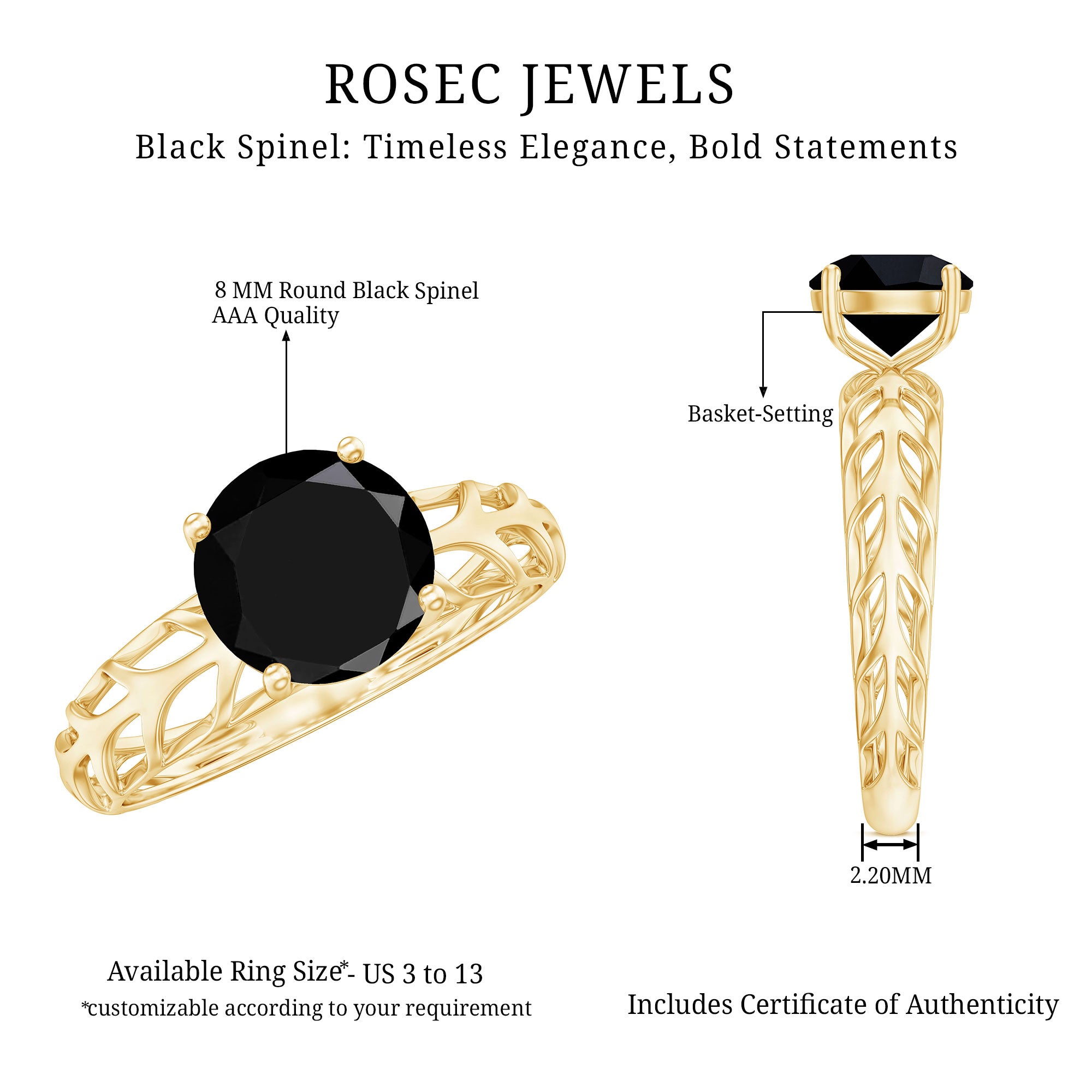 Natural 2.6 Carat Black Spinel Solitaire Engagement Ring for Women AAA - Rosec Jewels