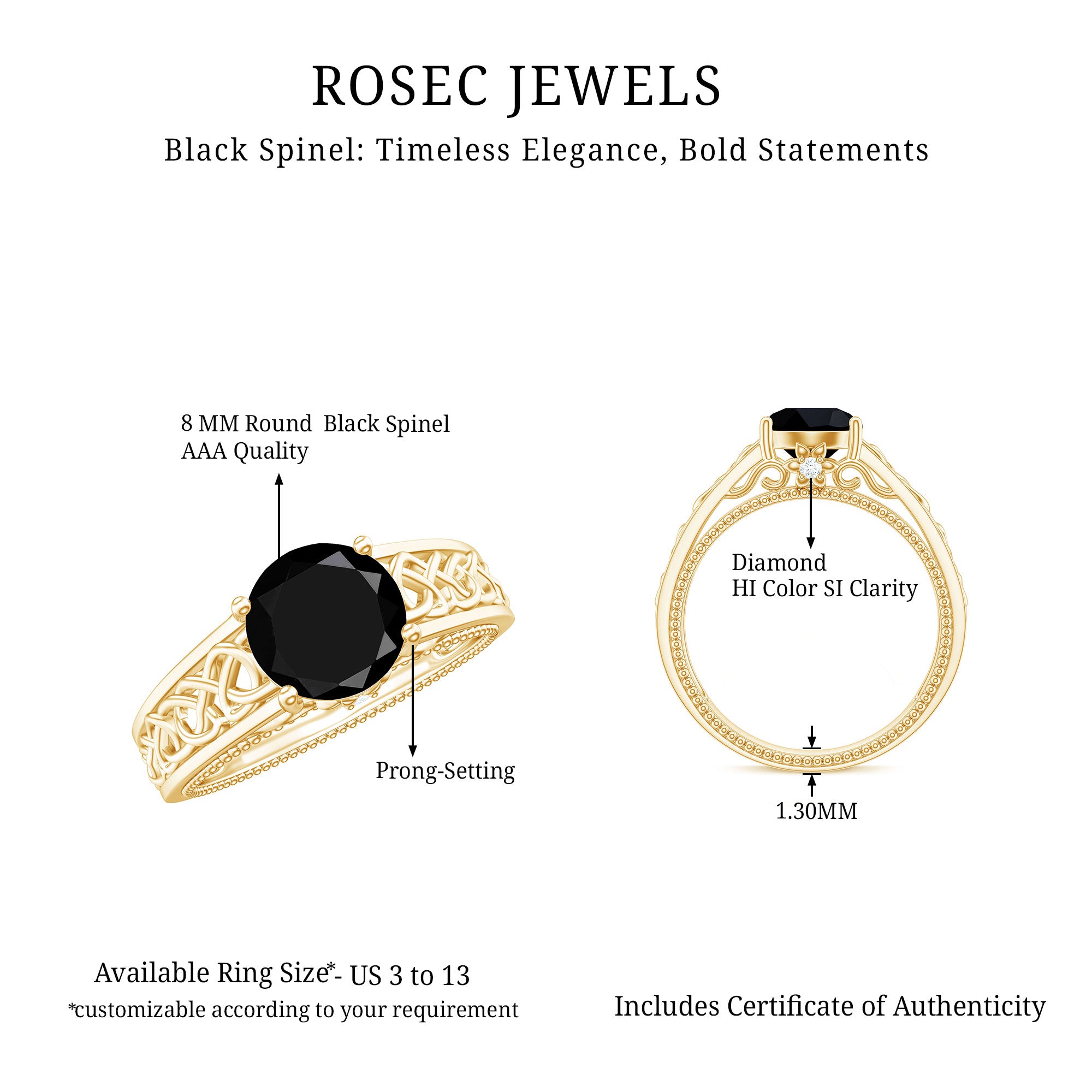 Vintage Style Black Spinel Diamond Engagement Ring with Celtic Knot AAA - Rosec Jewels