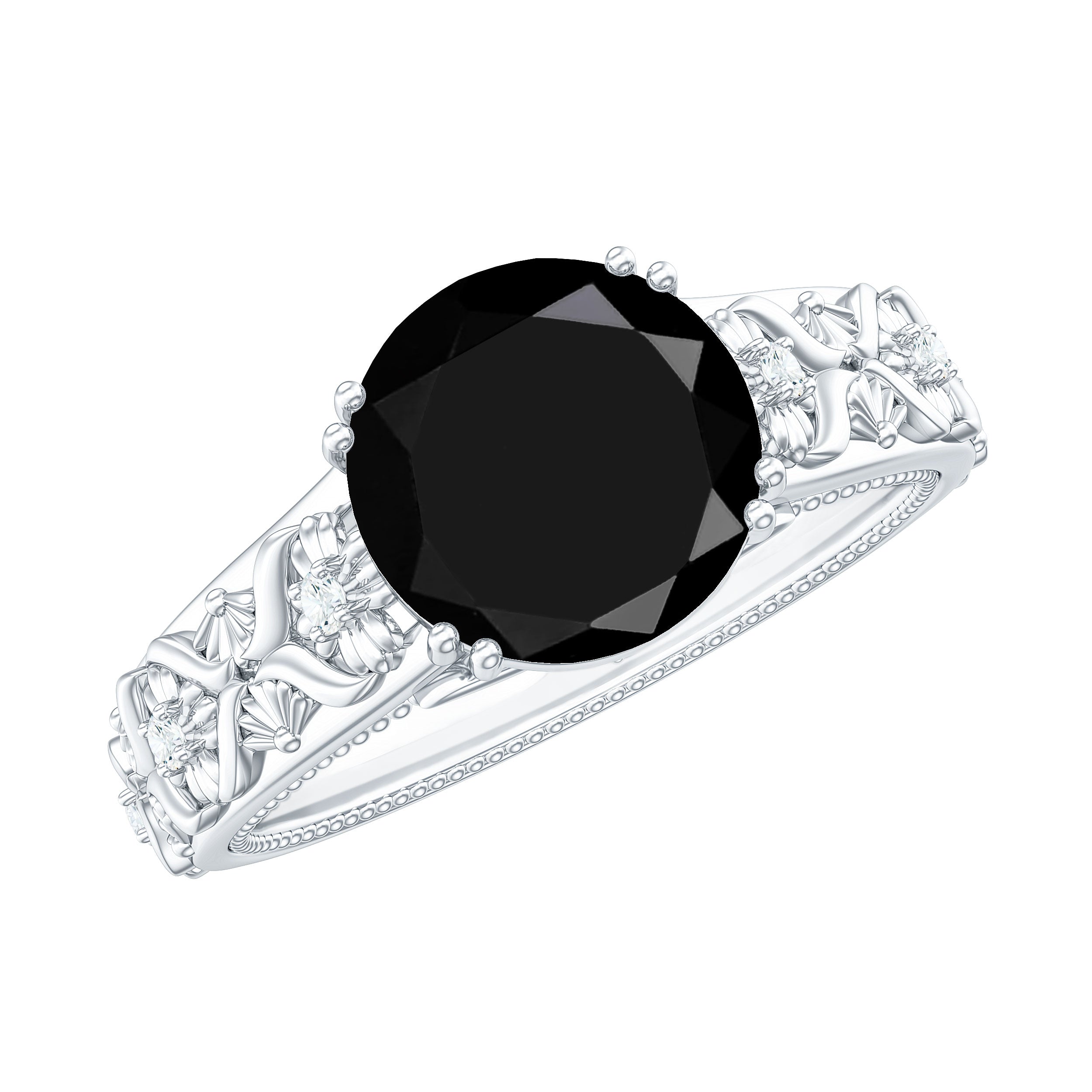 Solitaire Black Spinel Flower Engagement Ring with Diamond