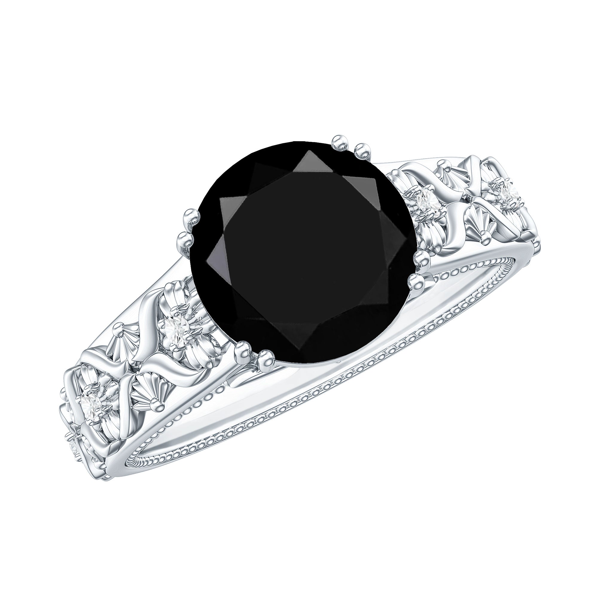 Nature Inspired Black Spinel Solitaire Engagement Ring with Diamond AAA - Rosec Jewels