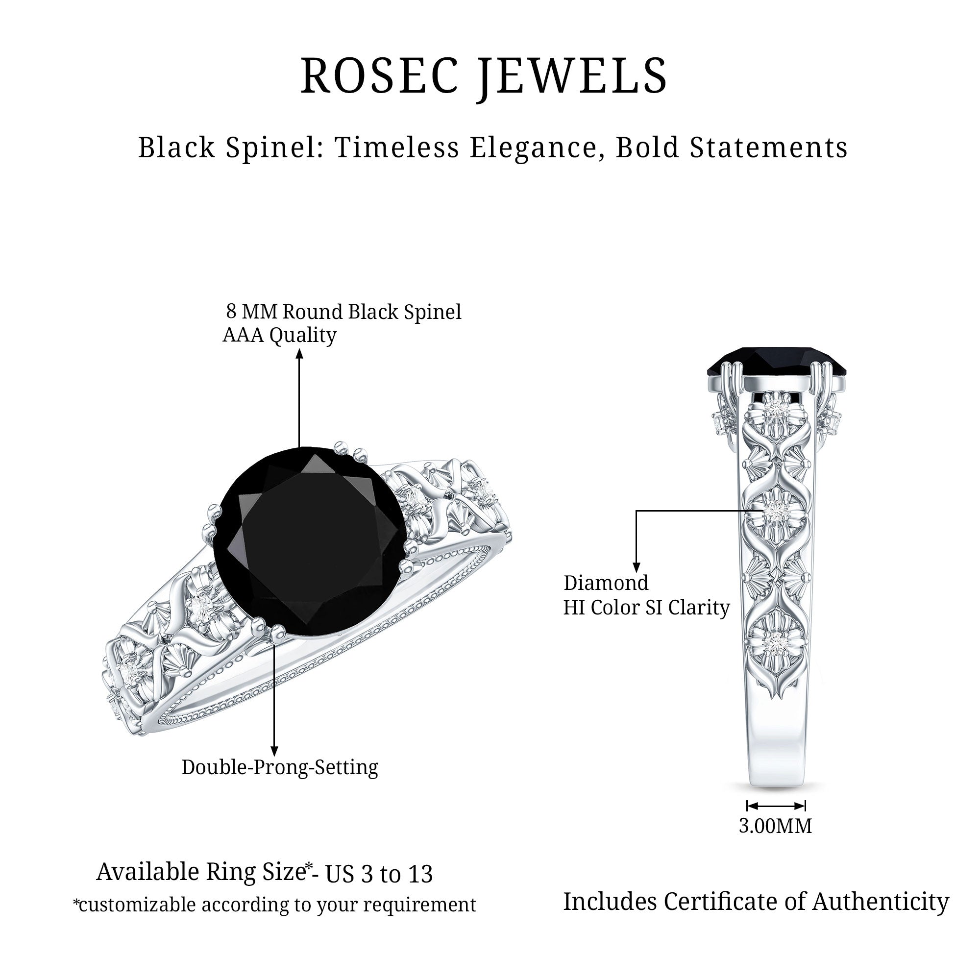Nature Inspired Black Spinel Solitaire Engagement Ring with Diamond AAA - Rosec Jewels