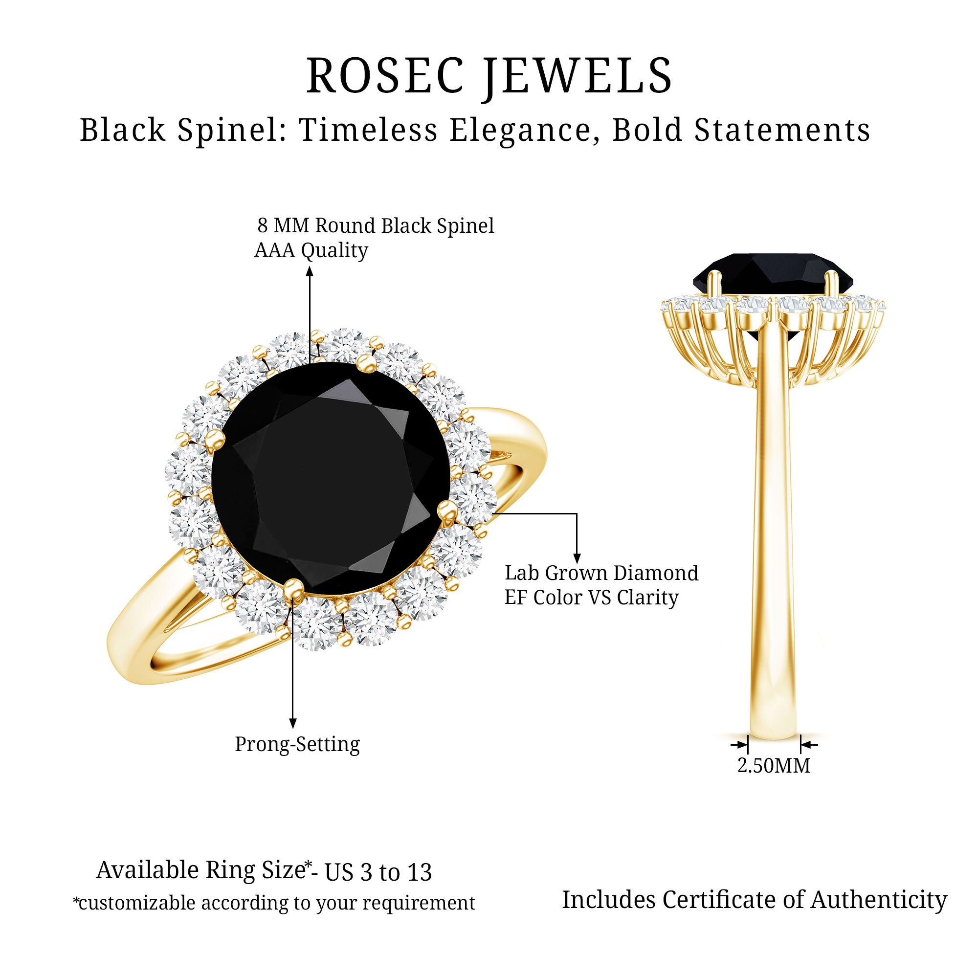 Natural 2.6 Carat Black Spinel Engagement Ring with Diamond Halo AAA - Rosec Jewels