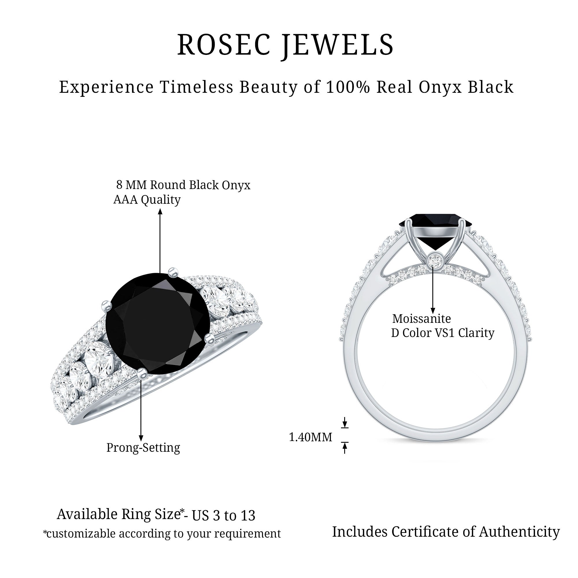 8mm Round Black Onyx Statement Engagement Ring with Moissanite Side Stones AAA - Rosec Jewels
