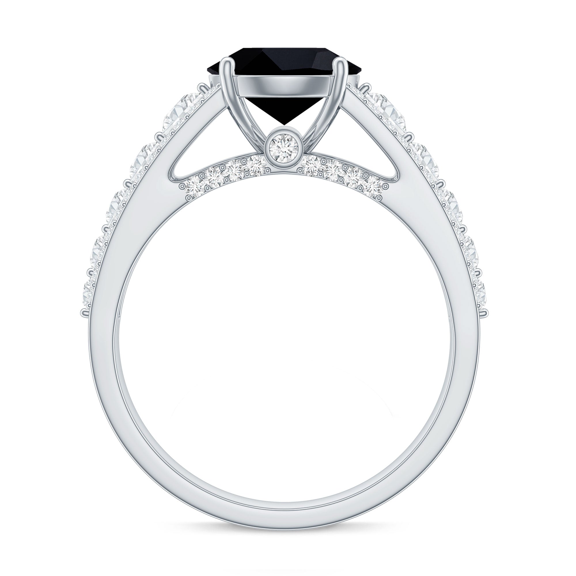 Real 2.5 Carat Black Spinel Engagement Ring with Moissanite Side Stones AAA - Rosec Jewels