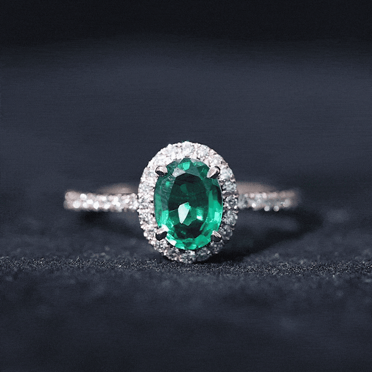 6x8mm Oval Cut Lab Created Emerald Halo Engagement Ring with Diamond AAAA - Rosec Jewels