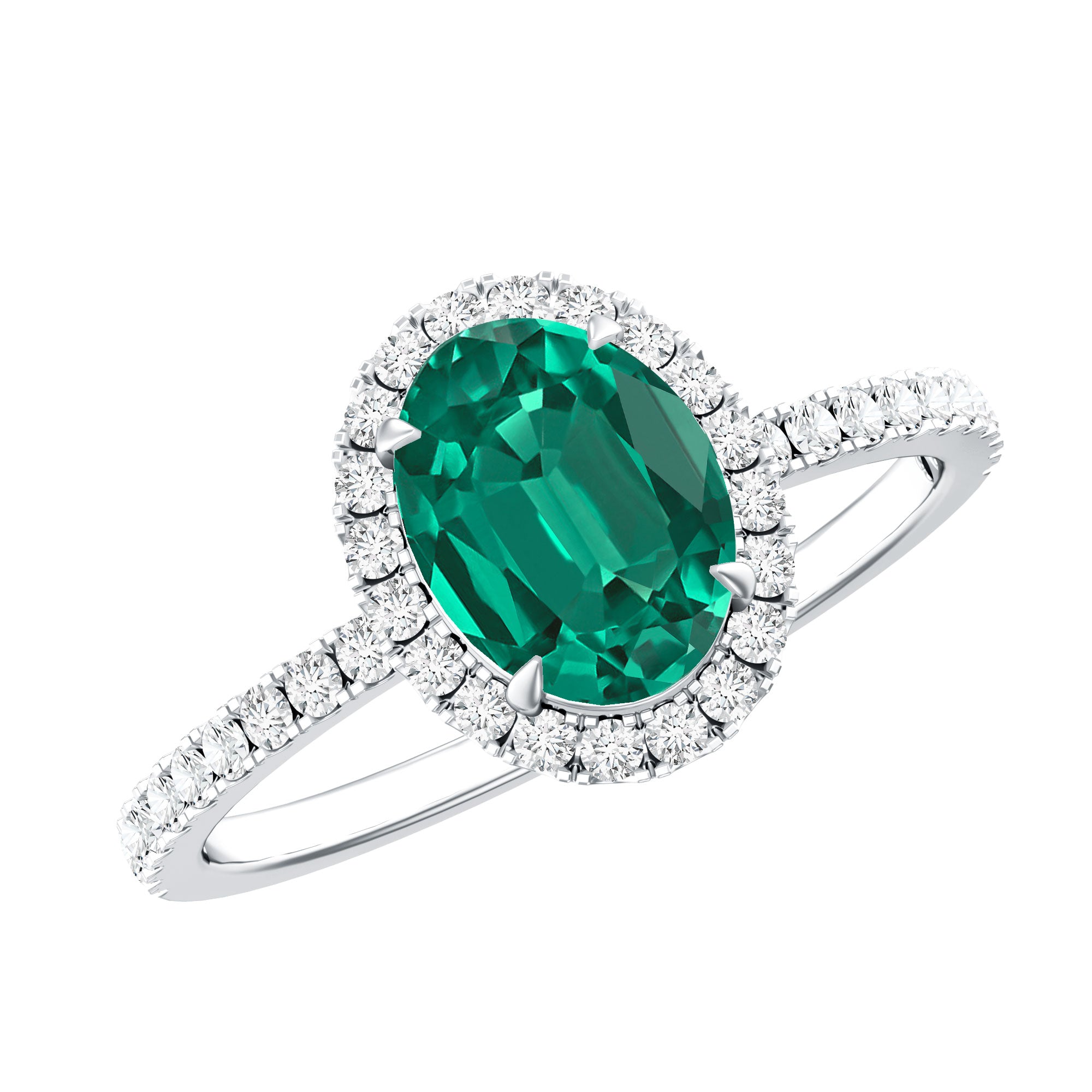 6x8mm Oval Cut Lab Created Emerald Halo Engagement Ring with Diamond AAAA - Rosec Jewels