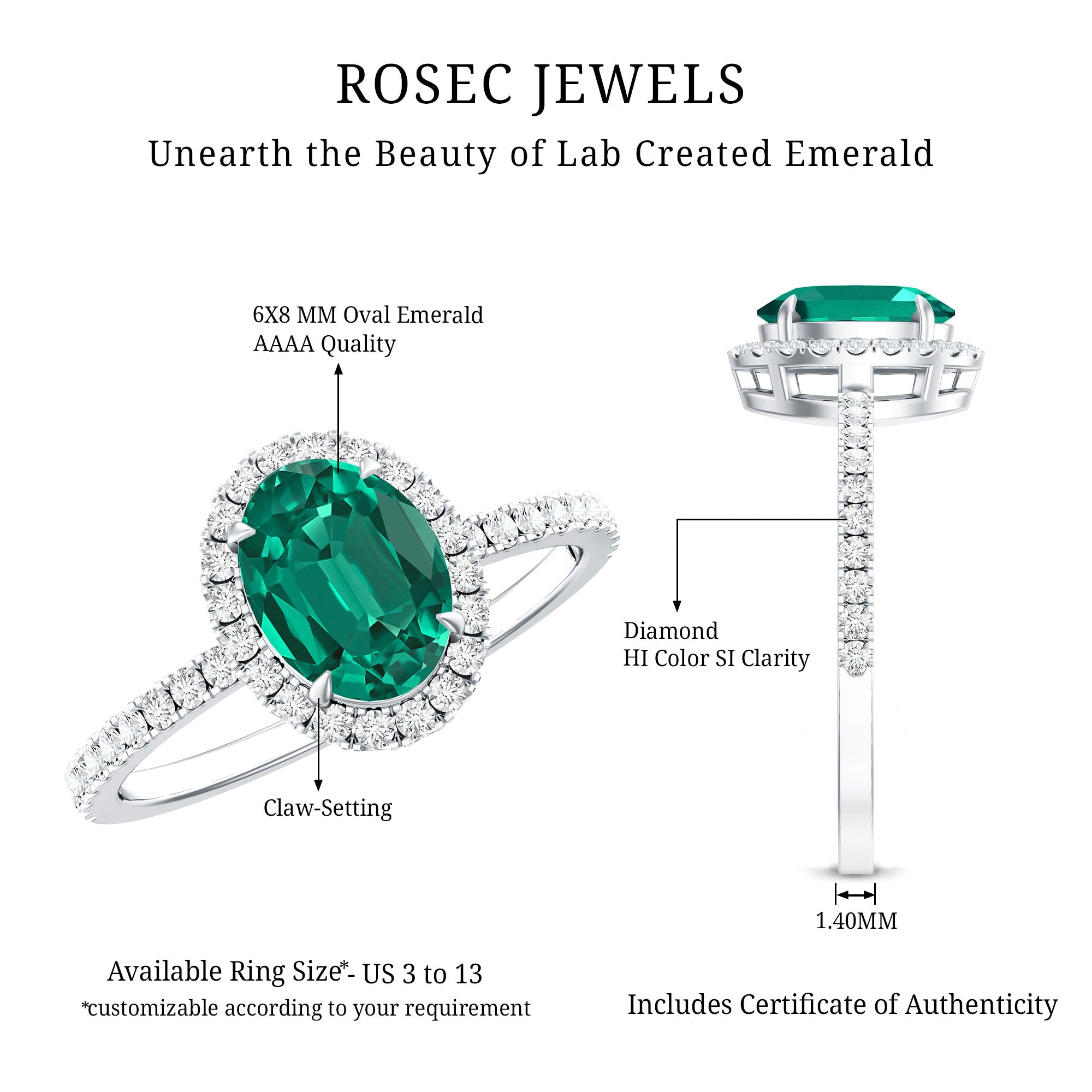 6x8mm Oval Cut Lab Created Emerald Halo Engagement Ring with Diamond AAAA - Rosec Jewels