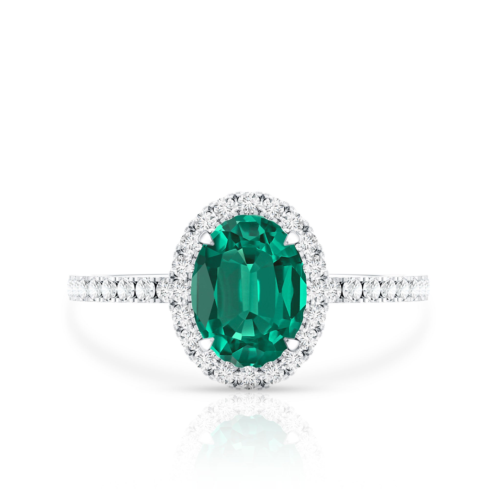 6x8mm Oval Cut Lab Created Emerald Halo Engagement Ring with Diamond AAAA - Rosec Jewels
