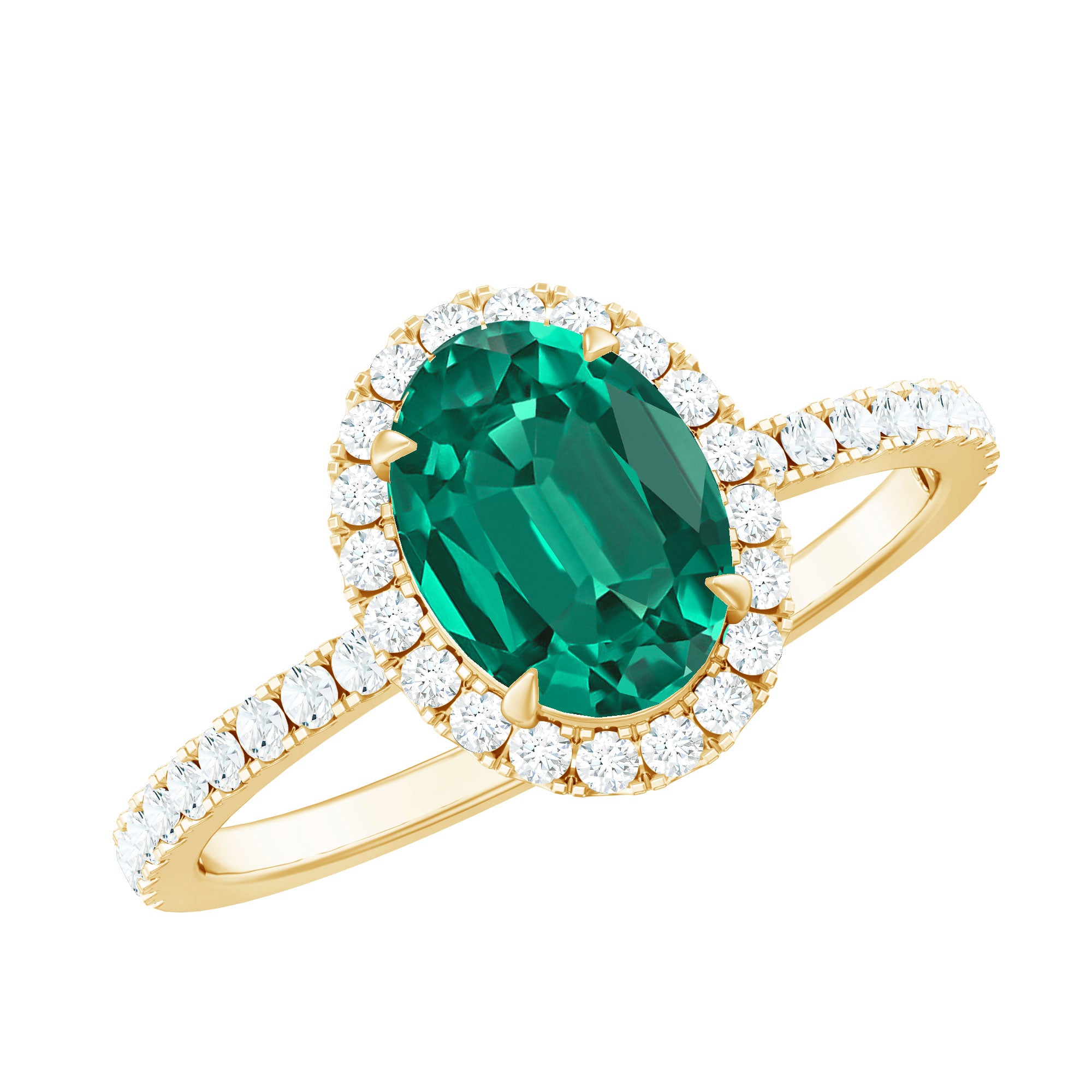 6x8mm Oval Cut Lab Created Emerald Halo Engagement Ring with Diamond AAAA - Rosec Jewels