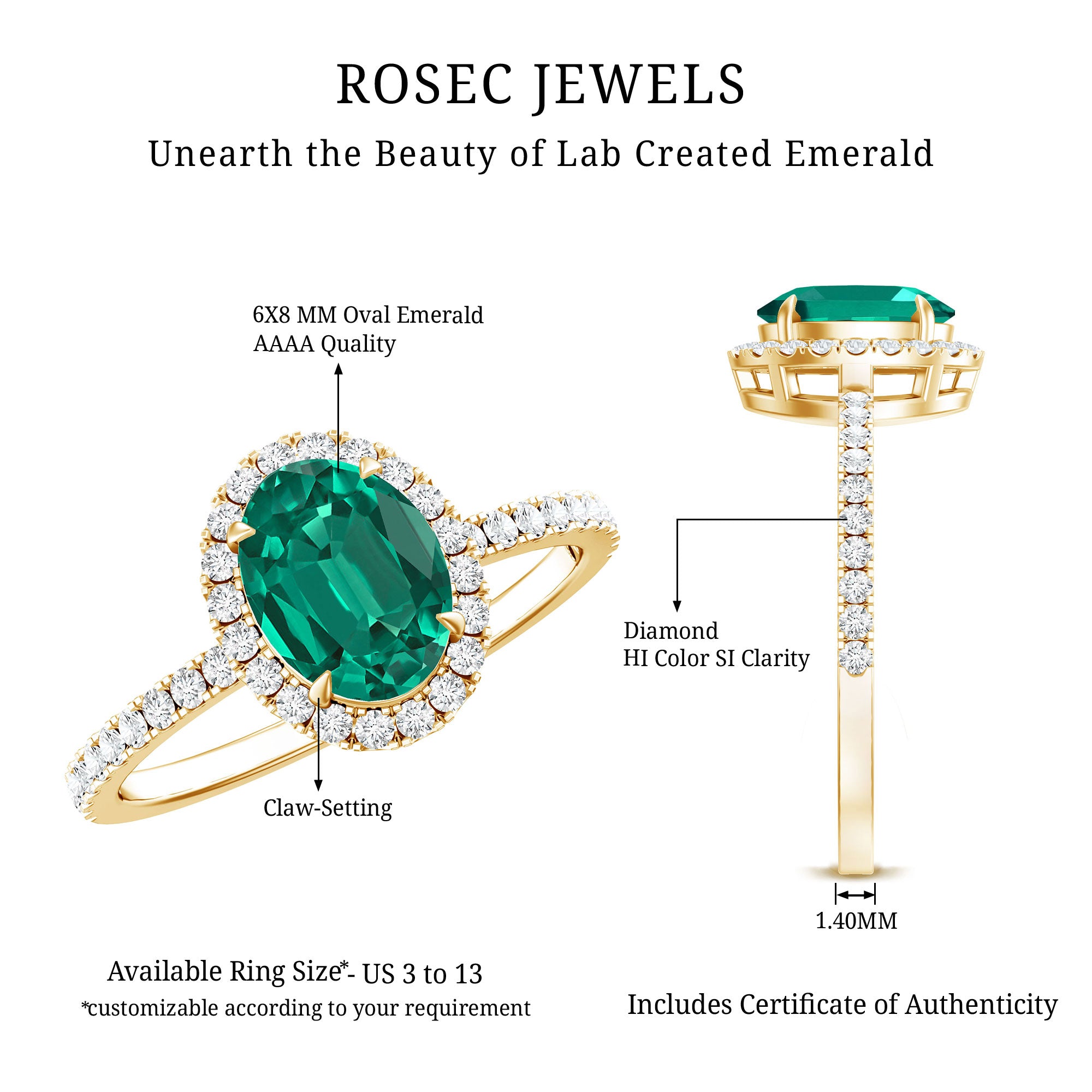 6x8mm Oval Cut Lab Created Emerald Halo Engagement Ring with Diamond AAAA - Rosec Jewels