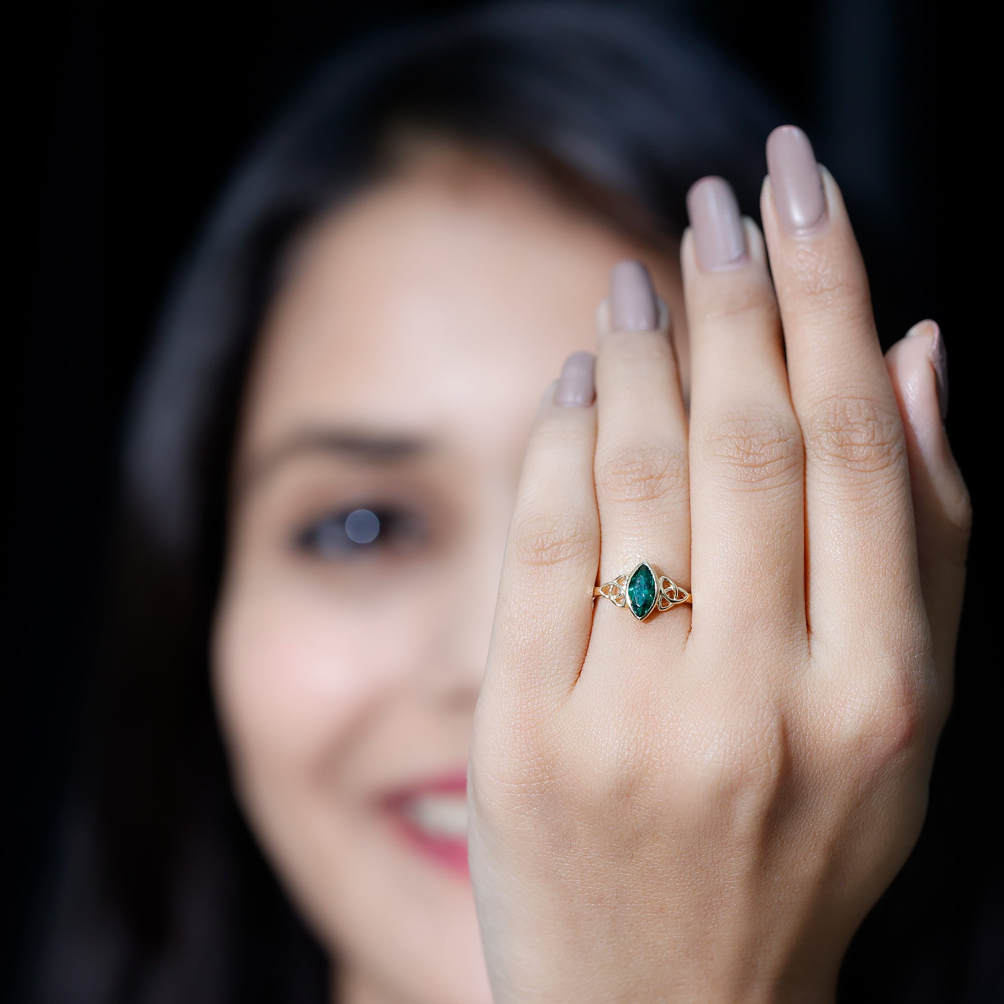 Certified 0.6 Carat Lab Grown Emerald Marquise Promise Ring with Celtic Knot AAAA - Rosec Jewels
