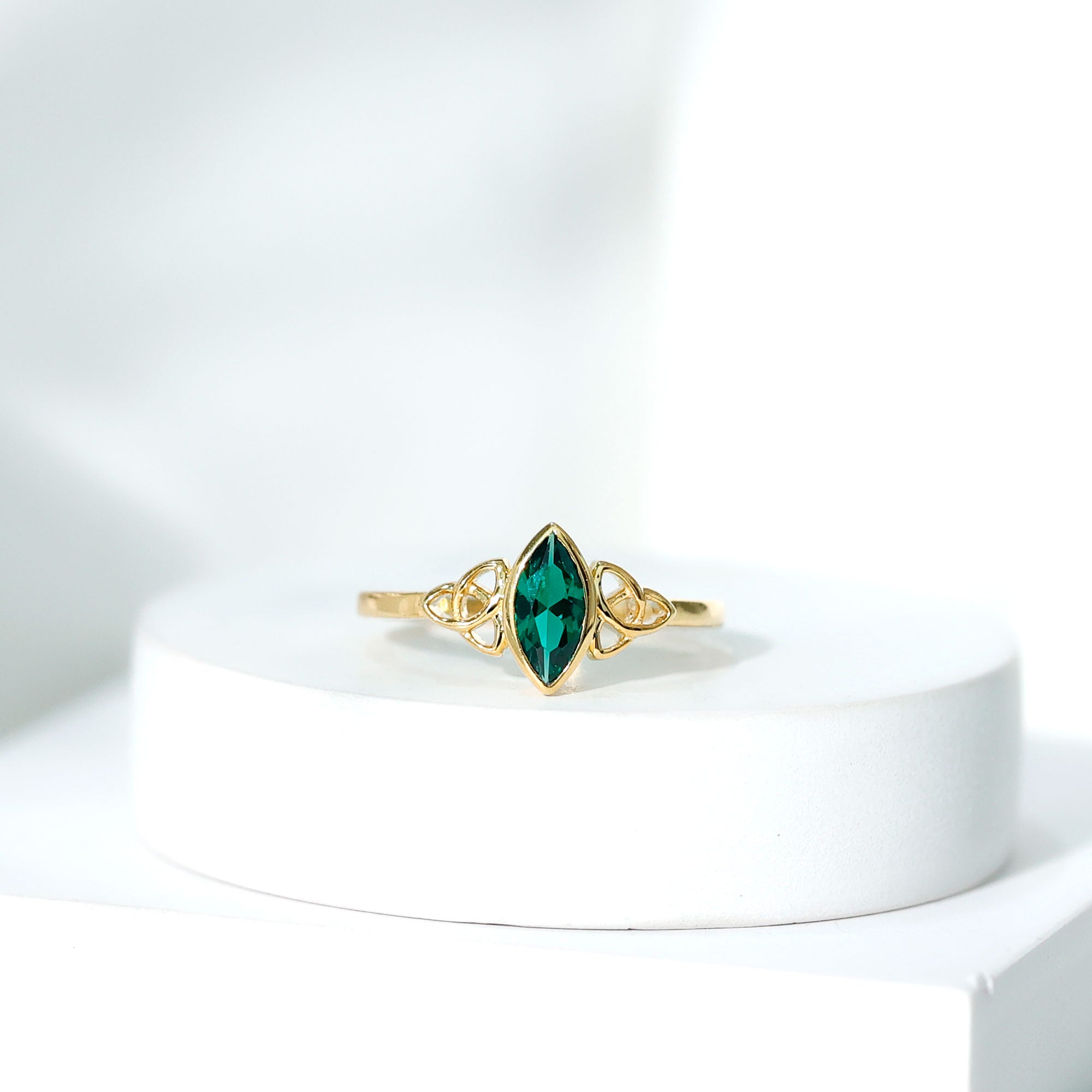 Certified 0.6 Carat Lab Grown Emerald Marquise Promise Ring with Celtic Knot AAAA - Rosec Jewels
