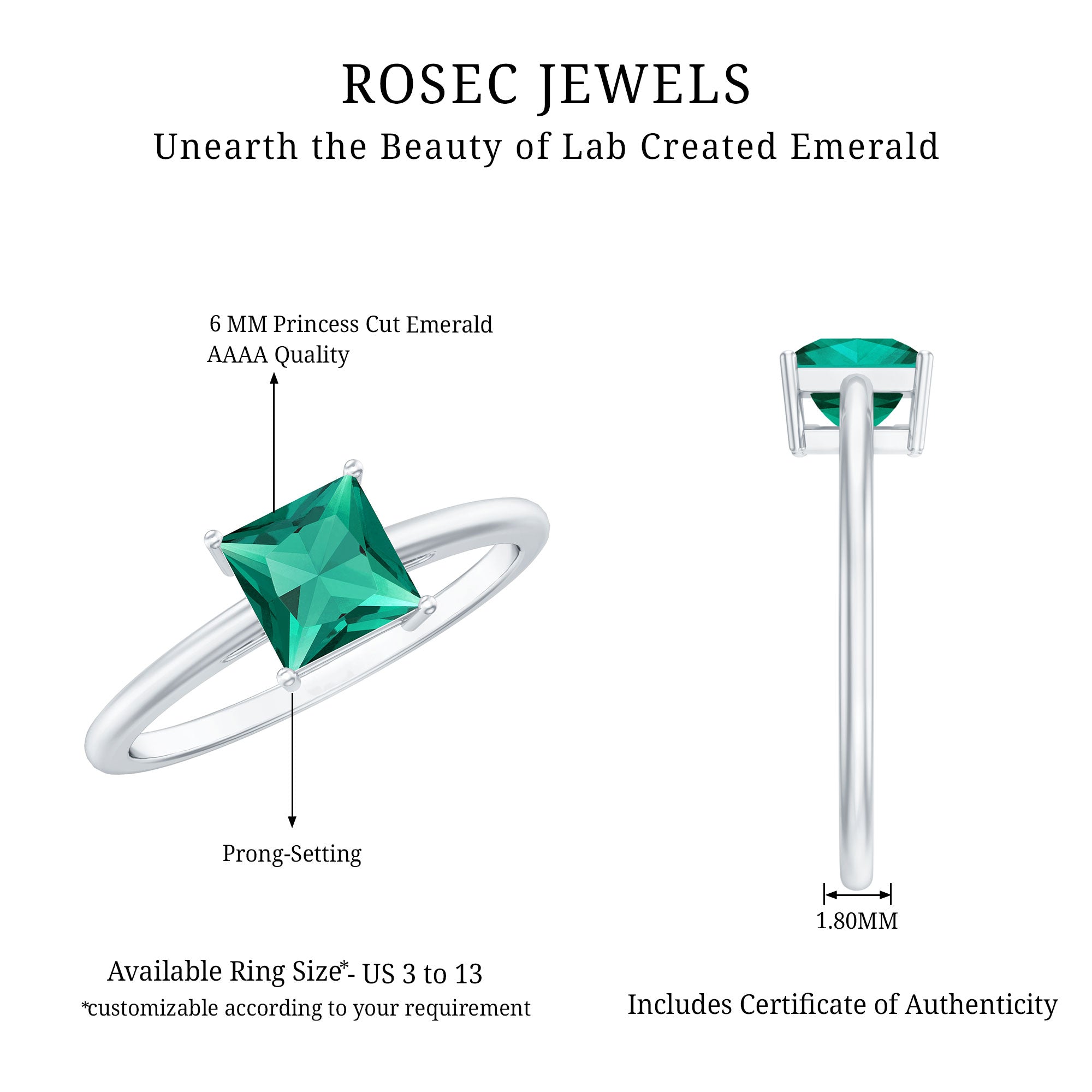 Certified Lab Grown Emerald Princess Cut Engagement Ring AAAA - Rosec Jewels