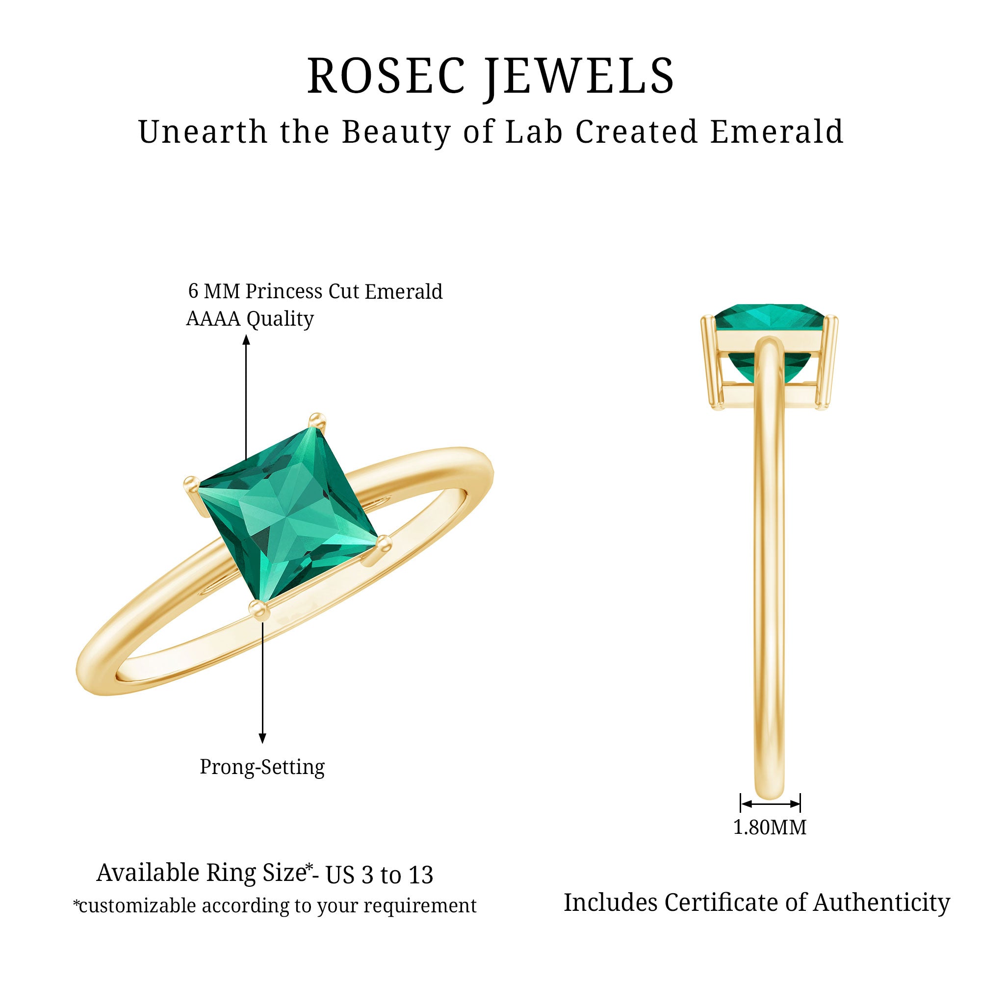Certified Lab Grown Emerald Princess Cut Engagement Ring AAAA - Rosec Jewels