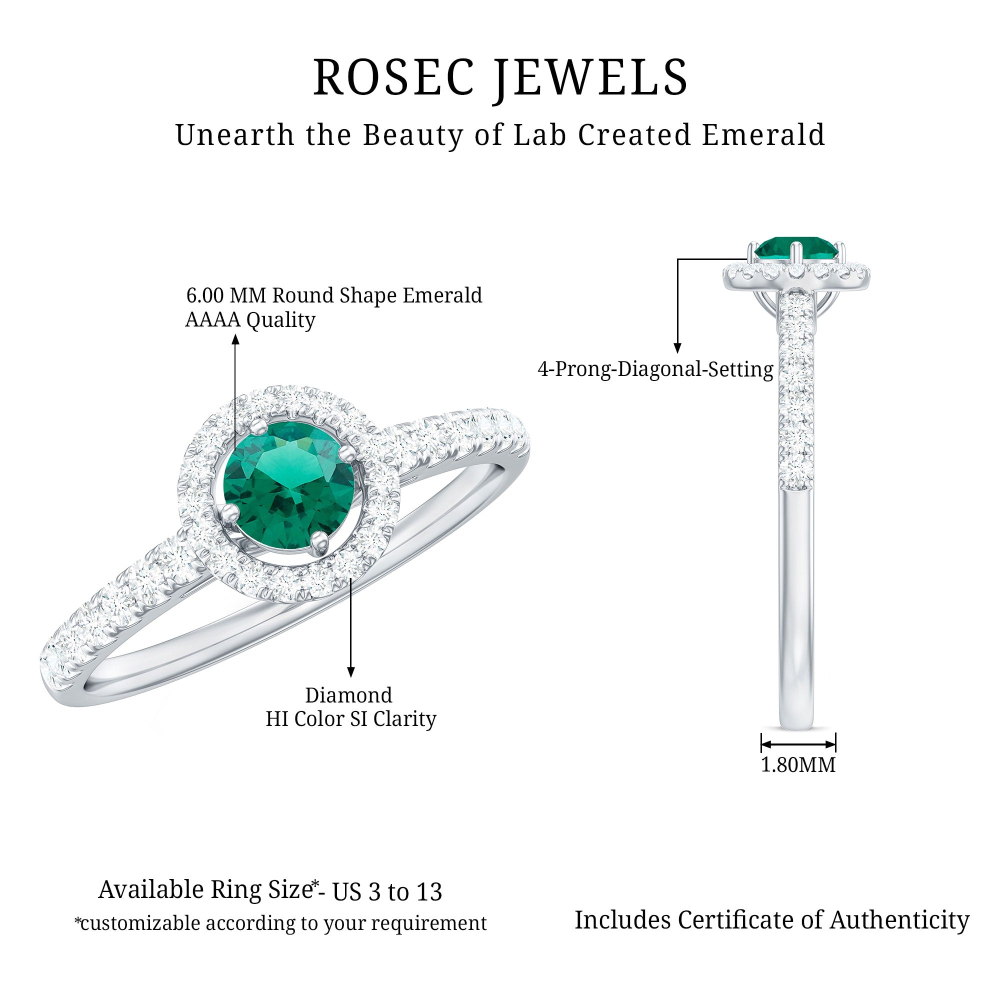 Certified Lab Grown Emerald Diamond Halo Engagement Ring AAAA - Rosec Jewels