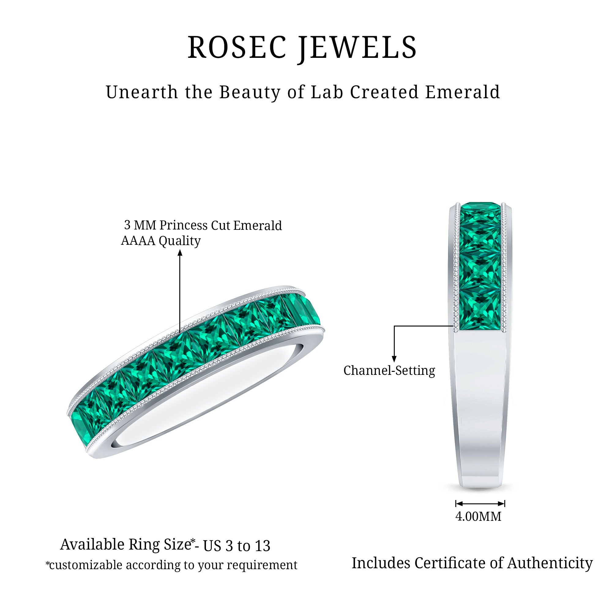 Princess Cut Lab Created Emerald Half Eternity Band AAAA - Rosec Jewels