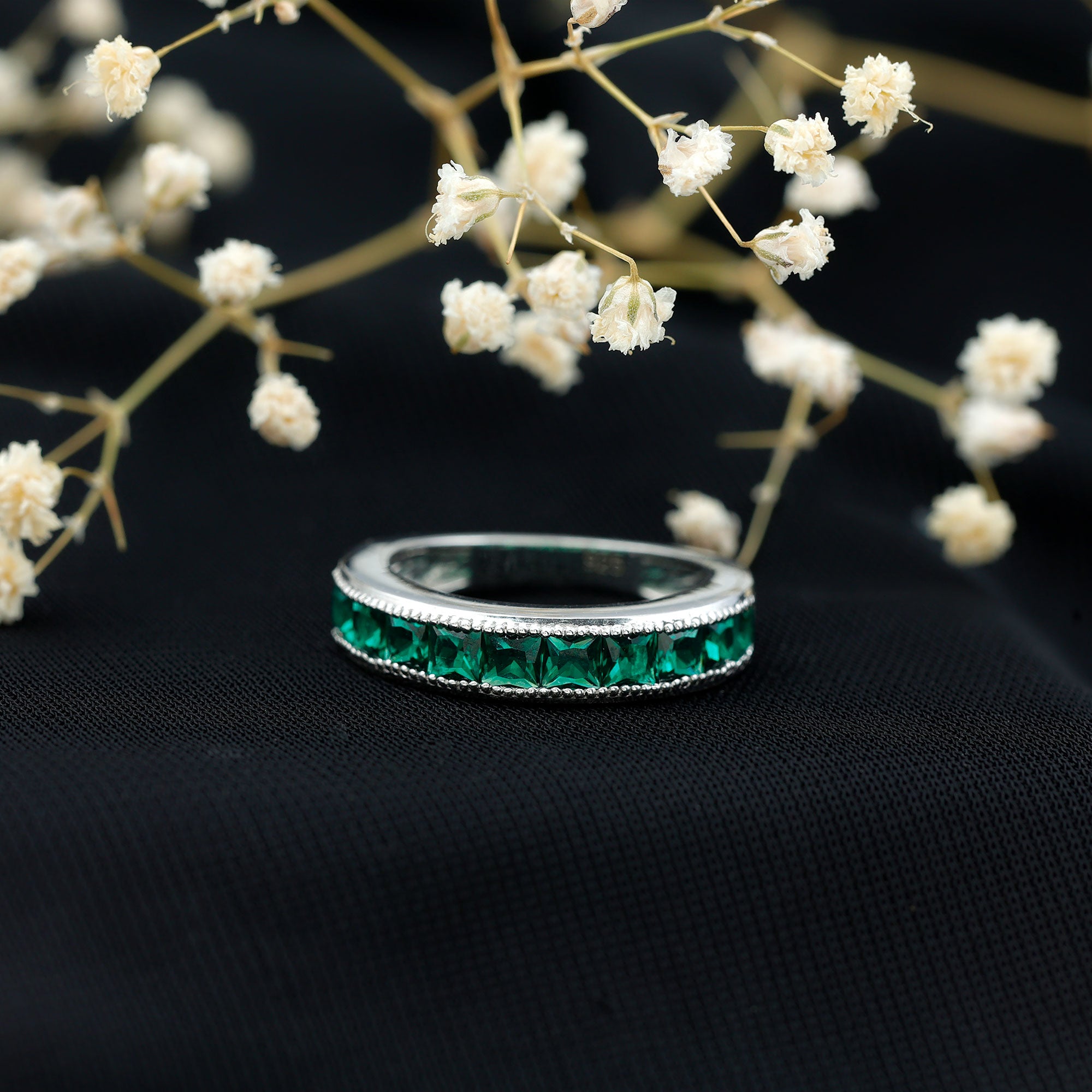Princess Cut Lab Created Emerald Half Eternity Band AAAA - Rosec Jewels