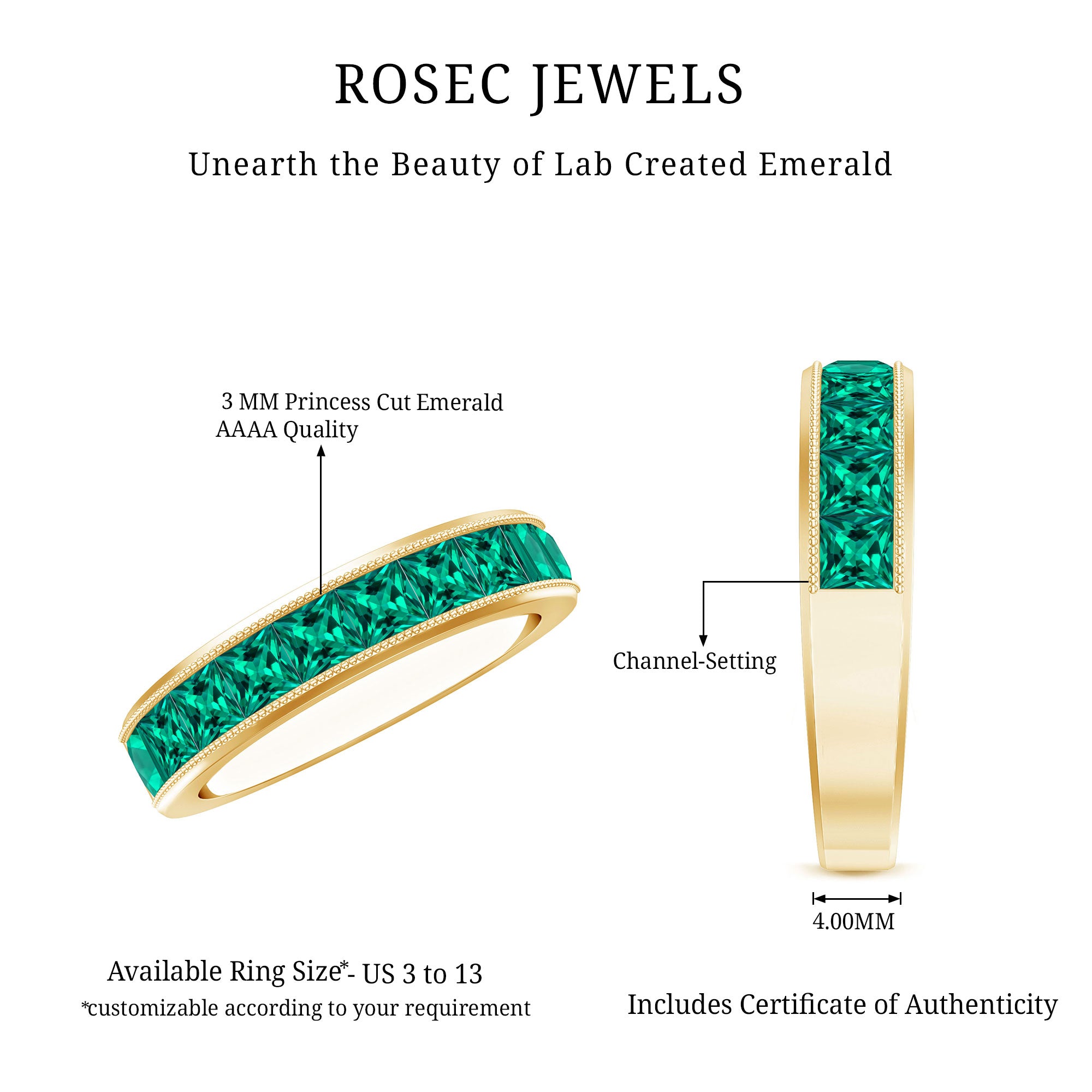 Princess Cut Lab Created Emerald Half Eternity Band AAAA - Rosec Jewels