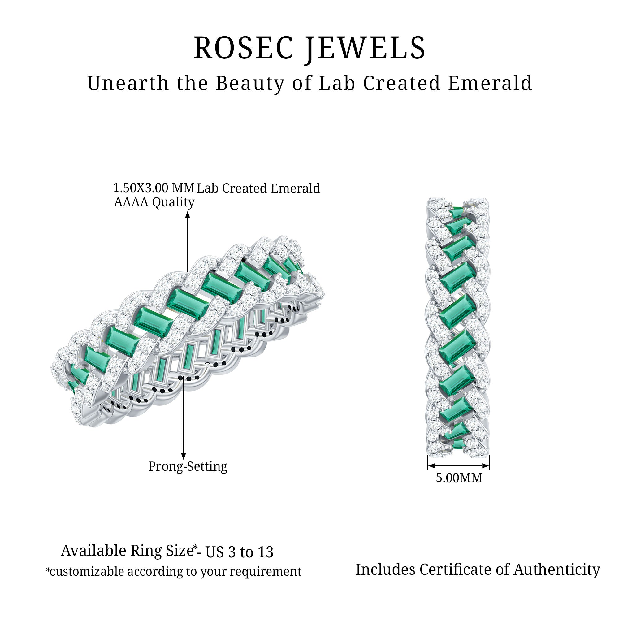Certified Baguette Lab Grown Emerald Braided Wedding Band with Moissanite AAAA - Rosec Jewels