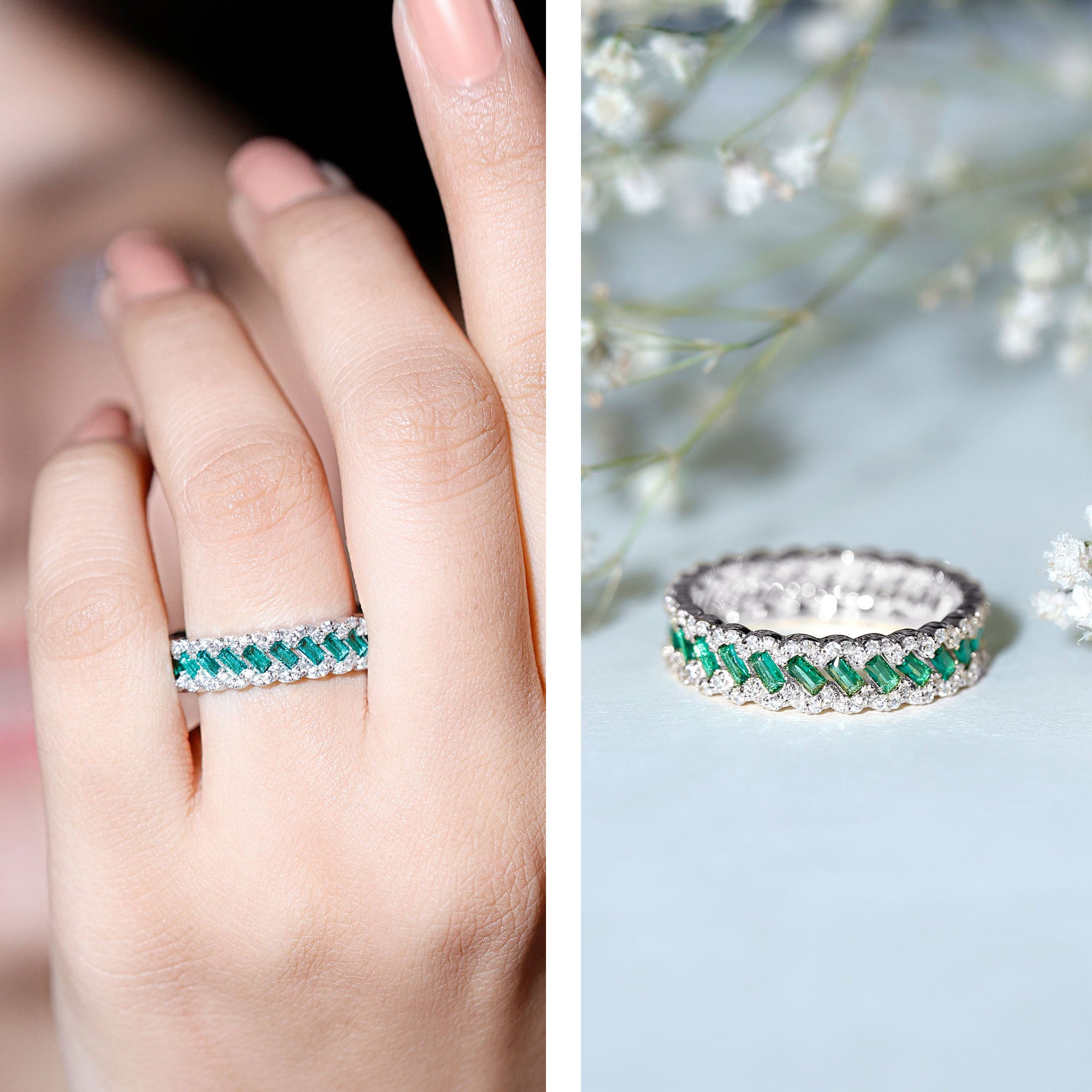 Certified Baguette Lab Grown Emerald Braided Wedding Band with Moissanite AAAA - Rosec Jewels