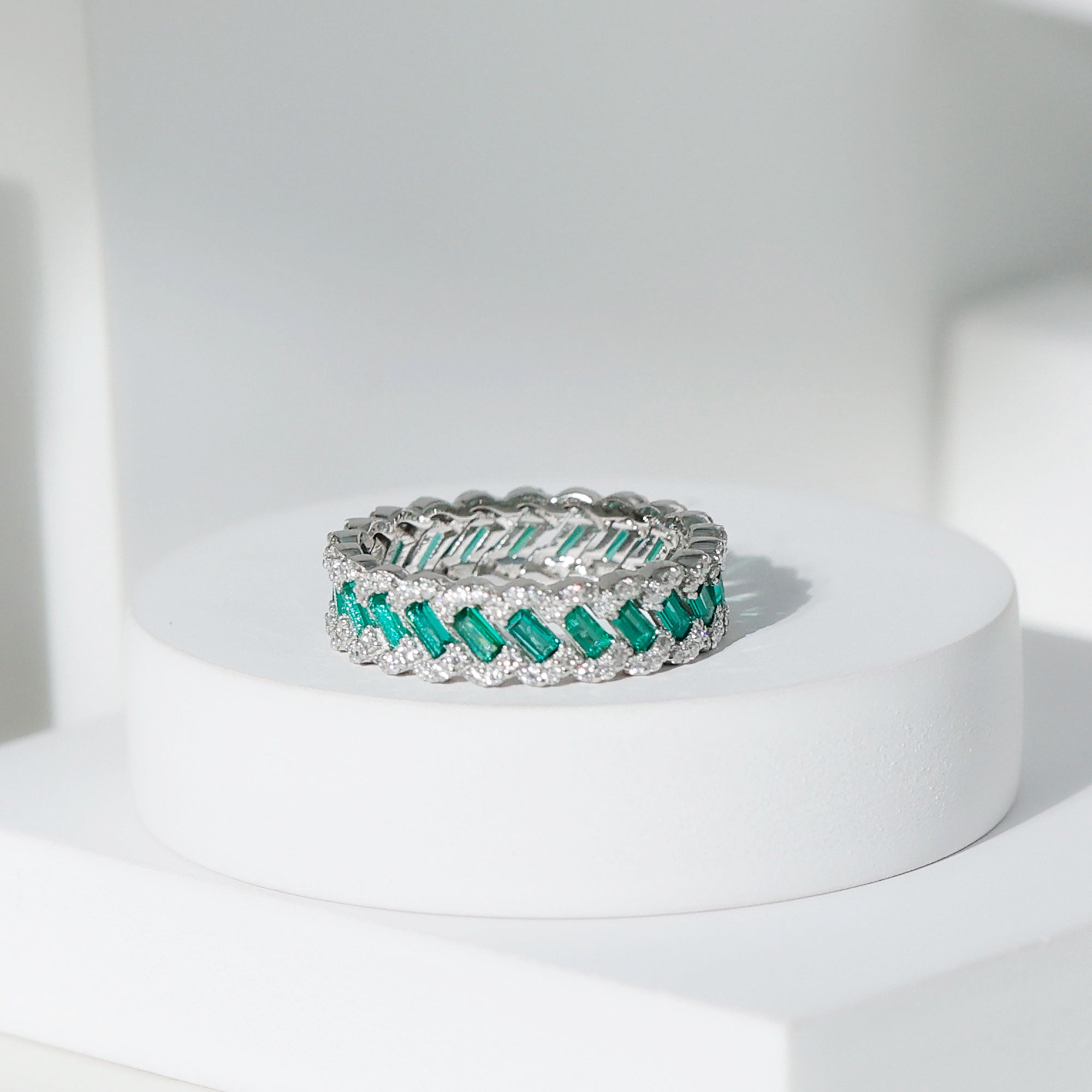 Certified Baguette Lab Grown Emerald Braided Wedding Band with Moissanite AAAA - Rosec Jewels