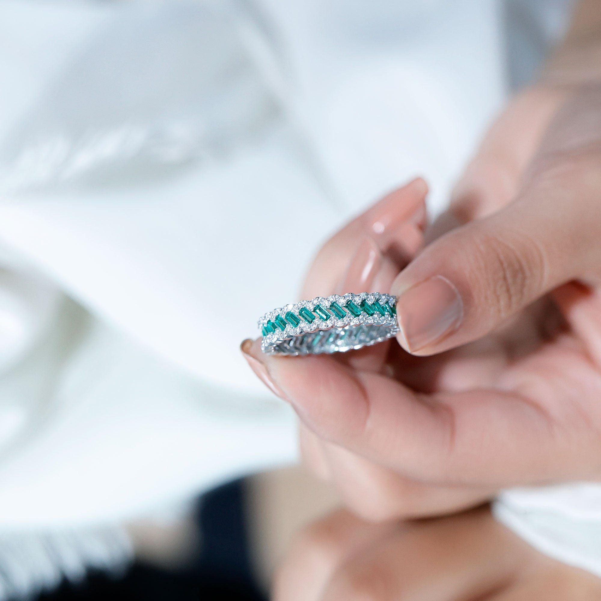 Certified Baguette Lab Grown Emerald Braided Wedding Band with Moissanite AAAA - Rosec Jewels