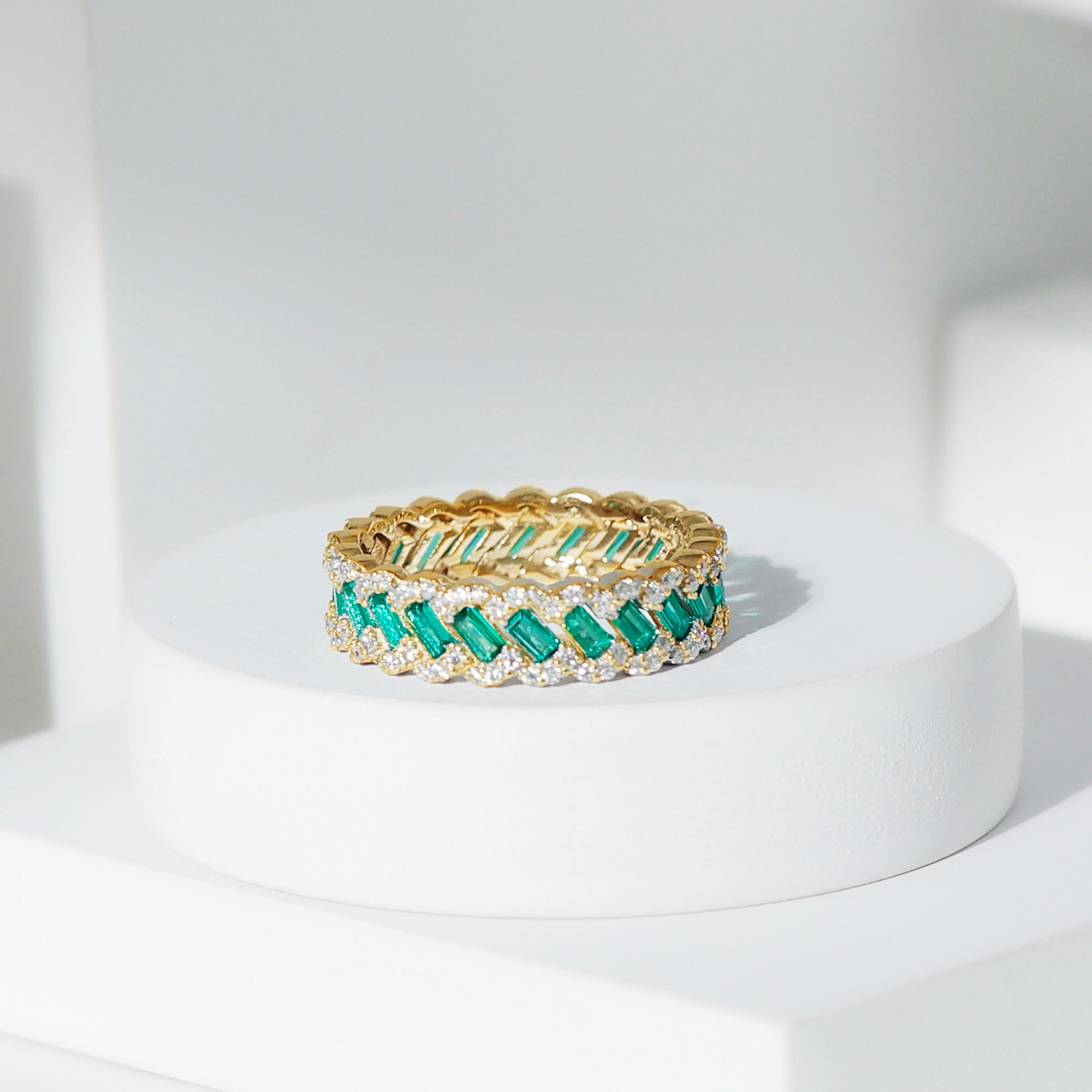 Certified Baguette Lab Grown Emerald Braided Wedding Band with Moissanite AAAA - Rosec Jewels