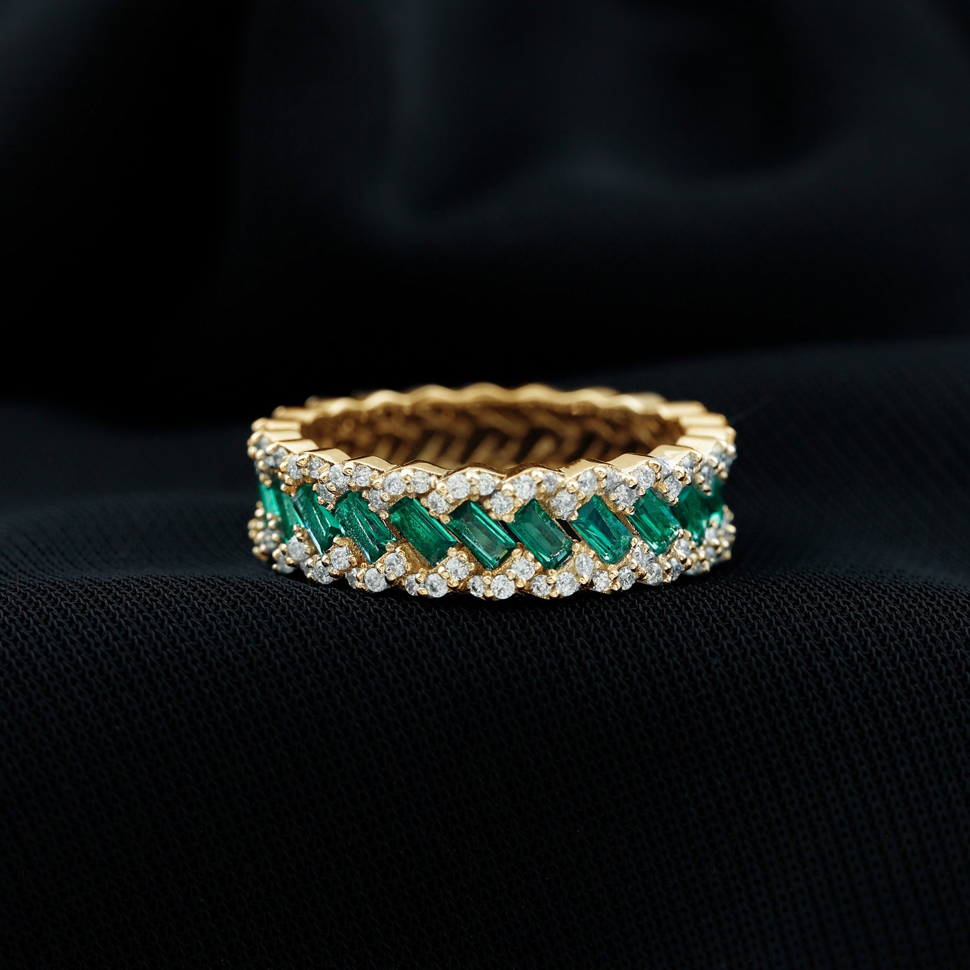 Certified Baguette Lab Grown Emerald Braided Wedding Band with Moissanite AAAA - Rosec Jewels