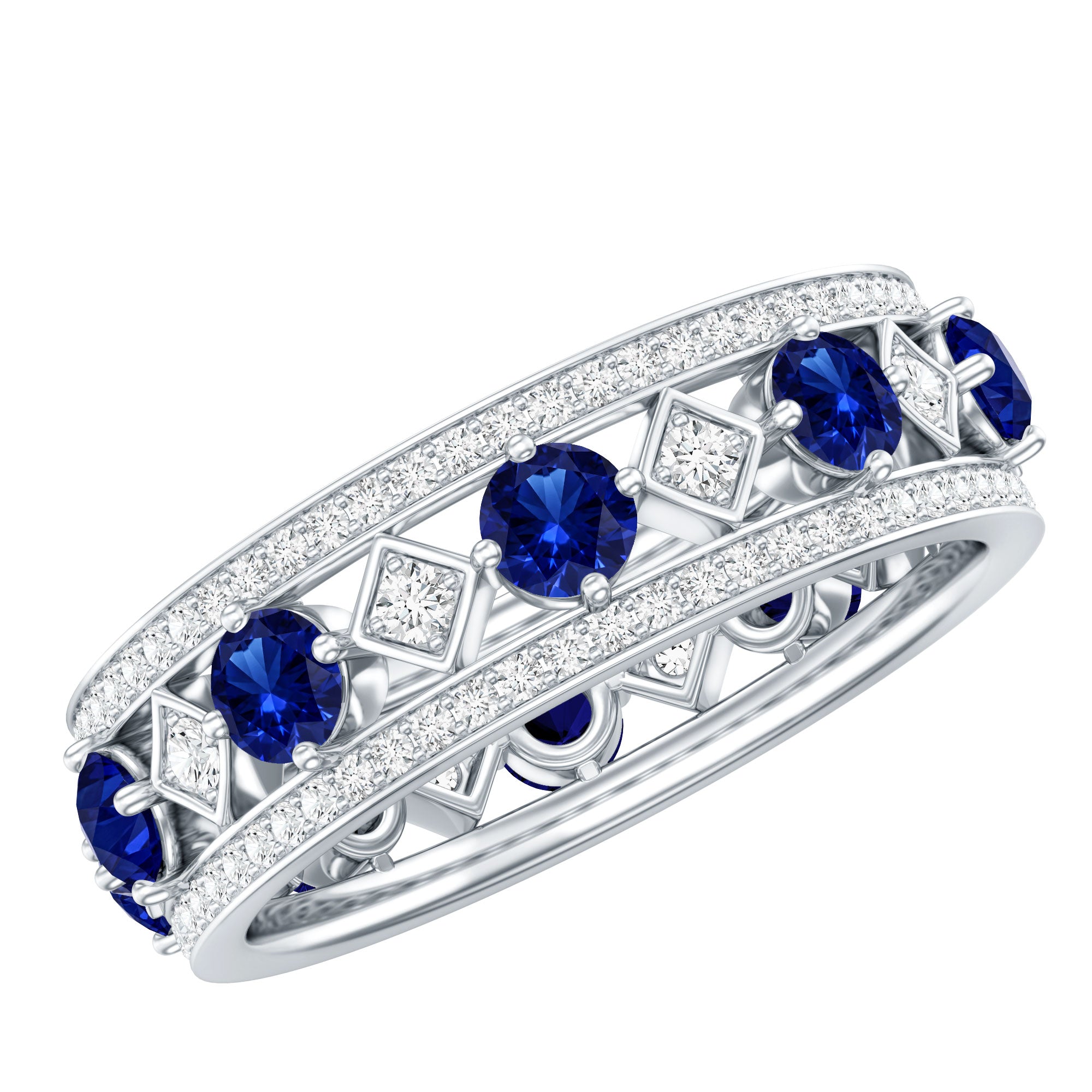 Lab Created Blue Sapphire and Diamond Full Eternity Band Ring AAAA - Rosec Jewels