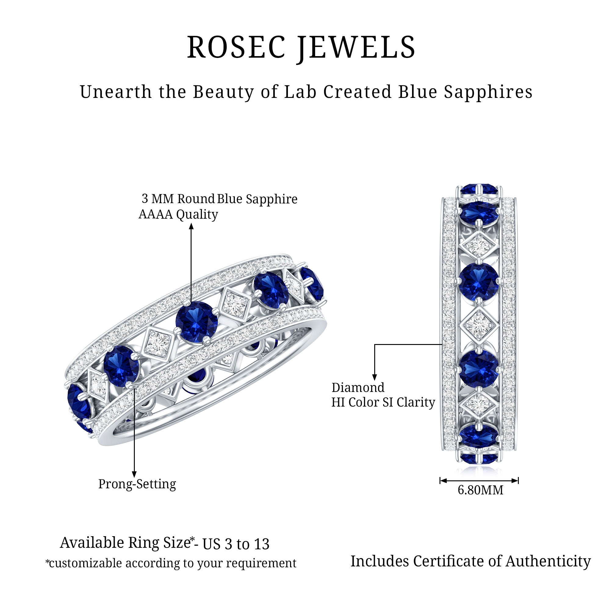 Lab Created Blue Sapphire and Diamond Full Eternity Band Ring AAAA - Rosec Jewels