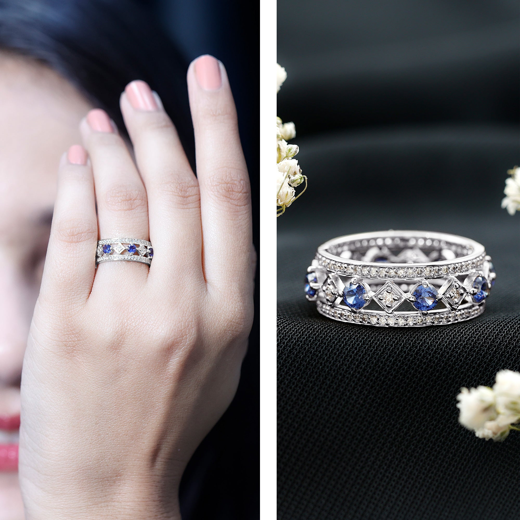 Lab Created Blue Sapphire and Diamond Full Eternity Band Ring AAAA - Rosec Jewels