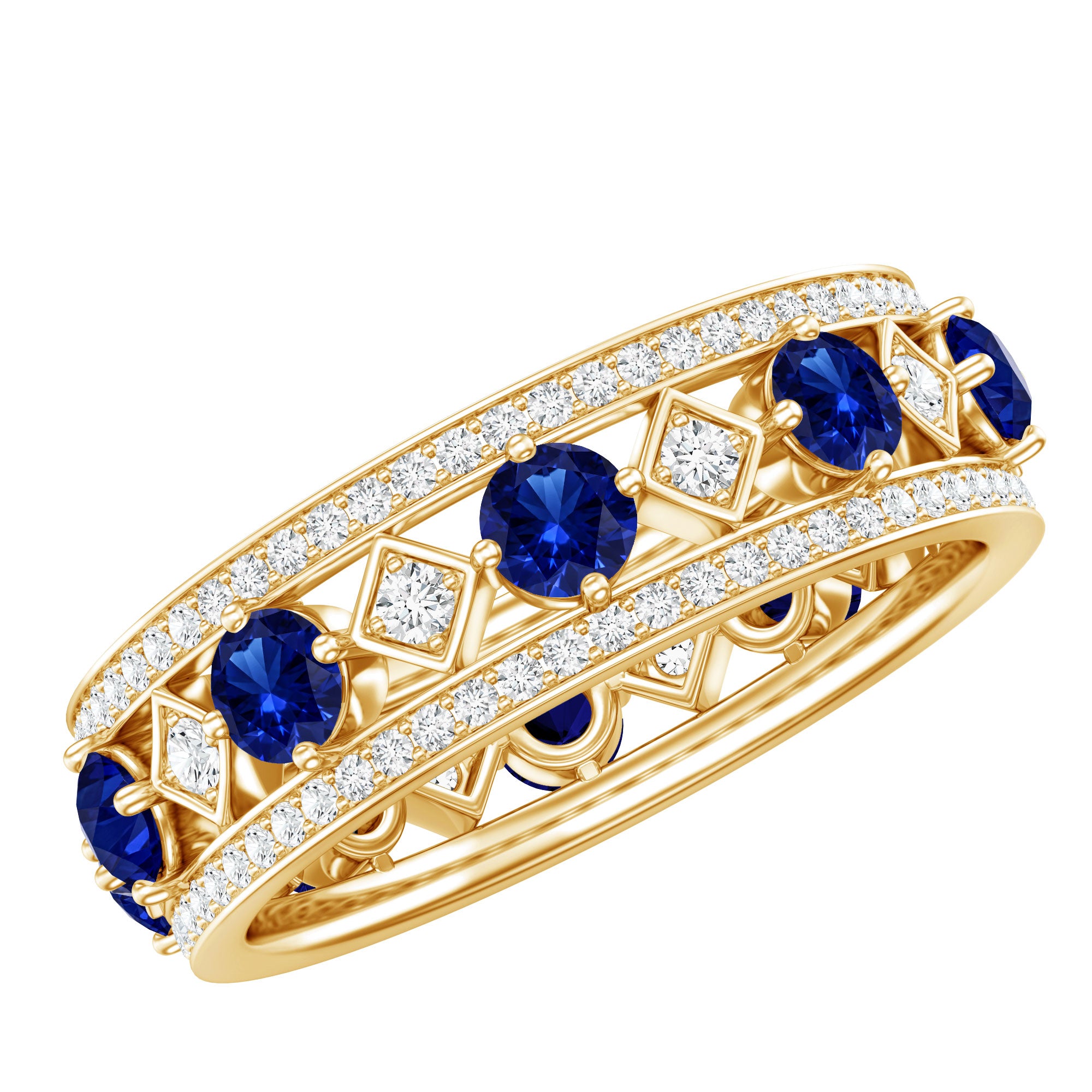 Lab Created Blue Sapphire and Diamond Full Eternity Band Ring AAAA - Rosec Jewels